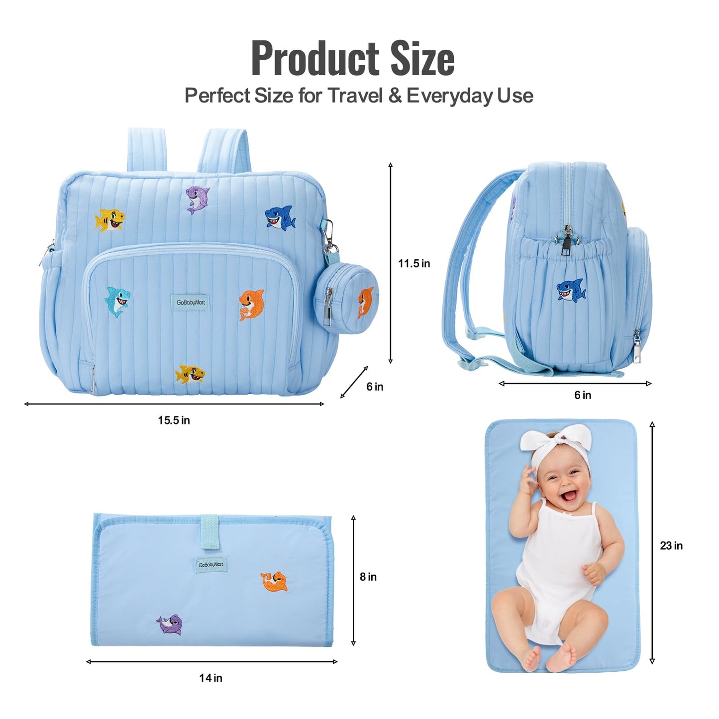 GOBABYMART - Mochila para pañales con cambiador, bolsa de viaje para bebé, bolsillos aislados para botellas, correas para carriola (mediano - tiburones azules)