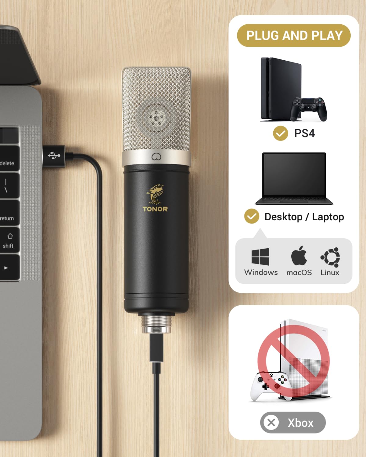 Micrófono Condensador USB TONOR Mejorado para Grabación en PC 192 kHz/24 bits