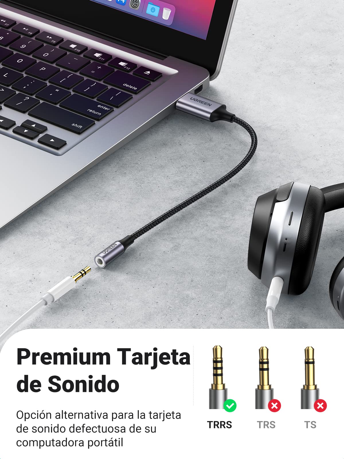Adaptador USB 2.0 UGREEN Blanco con Chip DAC para Auriculares y Micrófono TRRS Compatible con Windows Mac Linux PC Portátiles PS5 PS