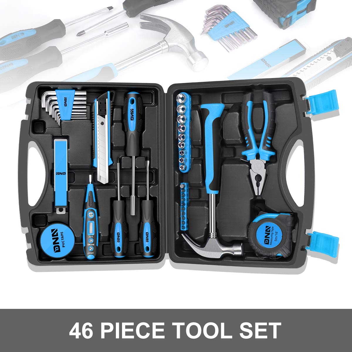 DNA MOTORING Juego de 46 piezas de herramientas para el hogar, reparación eléctrica, destornilladores de precisión, probador de voltaje, alicates de martillo, kit de bricolaje (TOOLS-00013)