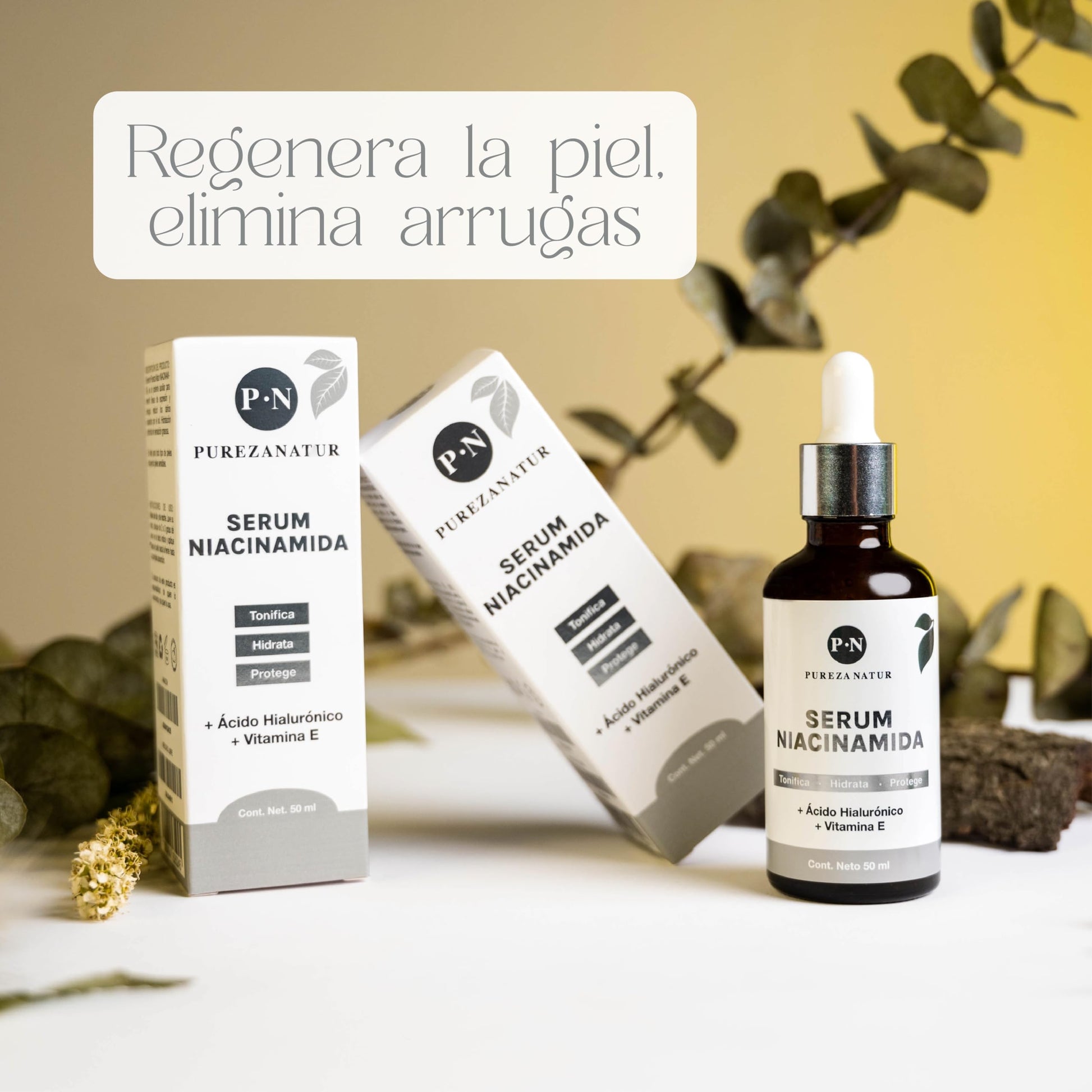 PUREZA NATUR Suero facial Niacinamida B3, Vitamina E y Acido hialurónico 50ml | Serum Niacinamide para todos tipos de piel skin barrier hidratante, antioxidante potente reductor de ojeras y líneas de expresión (50ml)