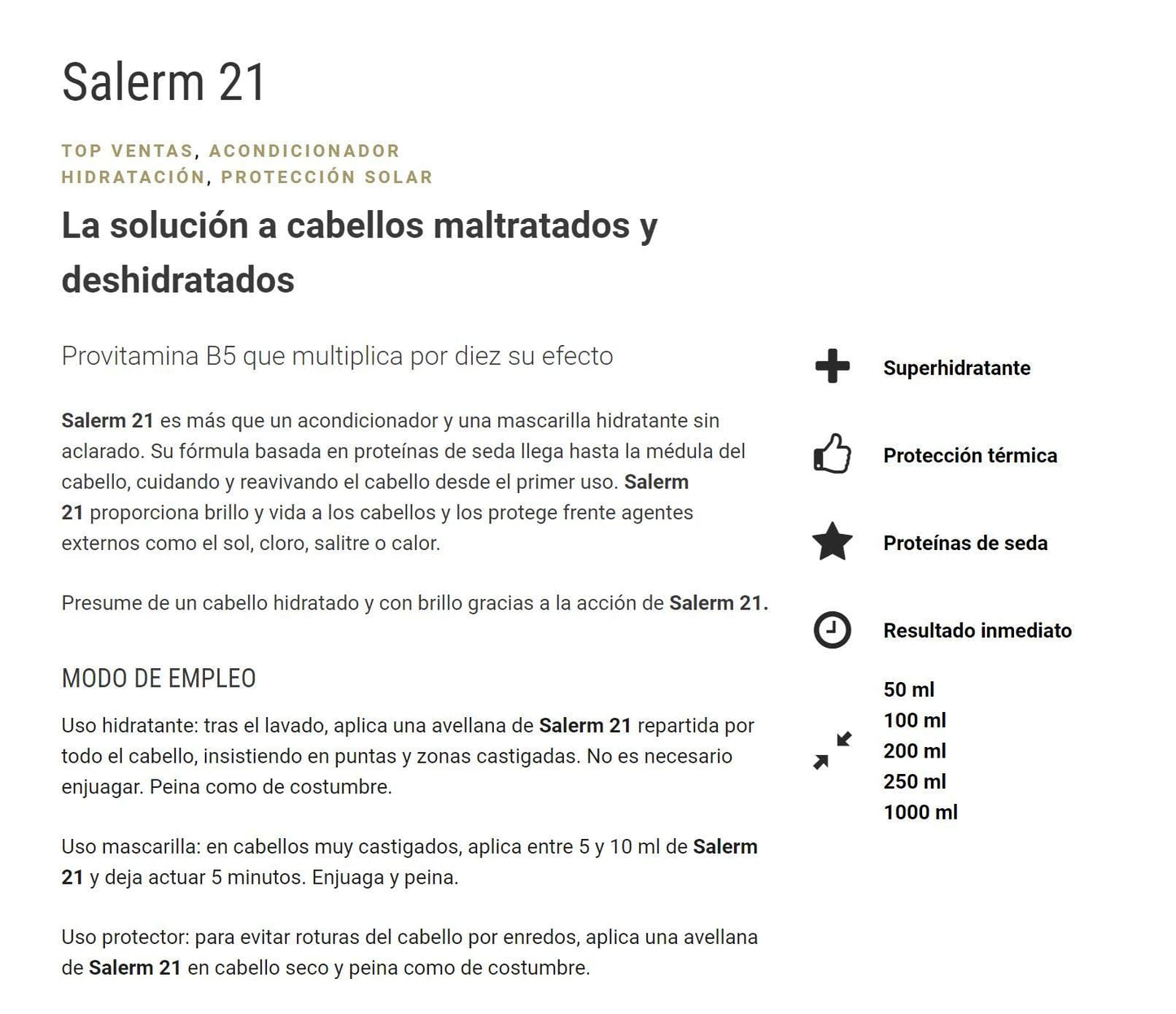 Acondicionador Leave-In Salerm 21 Proteína de Seda B5 34.5 oz Liter