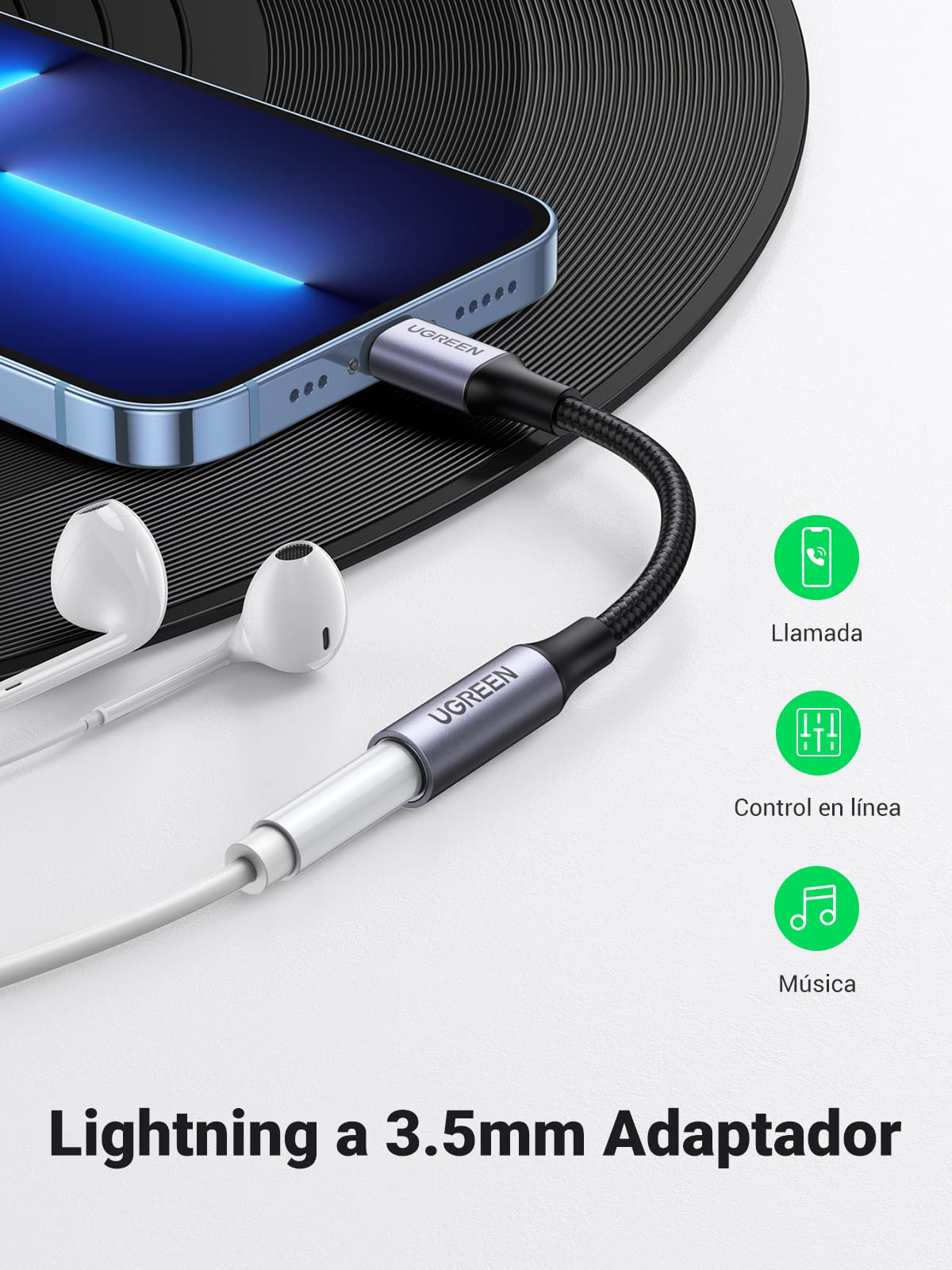 UGREEN Adaptador de Auriculares Lightning(Certificado MFI) HiFi Adaptador Audifonos Lightning a 3,5mm Compatible con iPhone 14/13/12/11/XS/X/XR/8/7, iPad, iOS 12 o Posterior