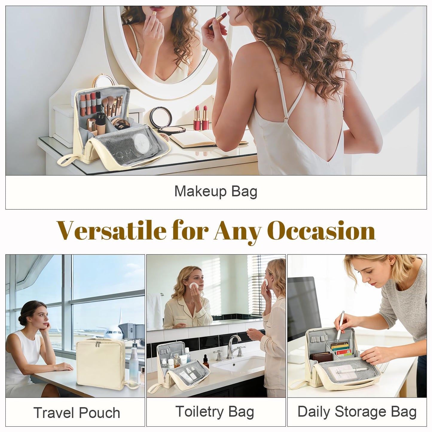 Seektik - Bolsa de maquillaje de pie con múltiples compartimentos, bolsa de maquillaje portátil impermeable plegable de viaje bolsa de maquillaje de pie con almacenamiento de cepillo para polvo para