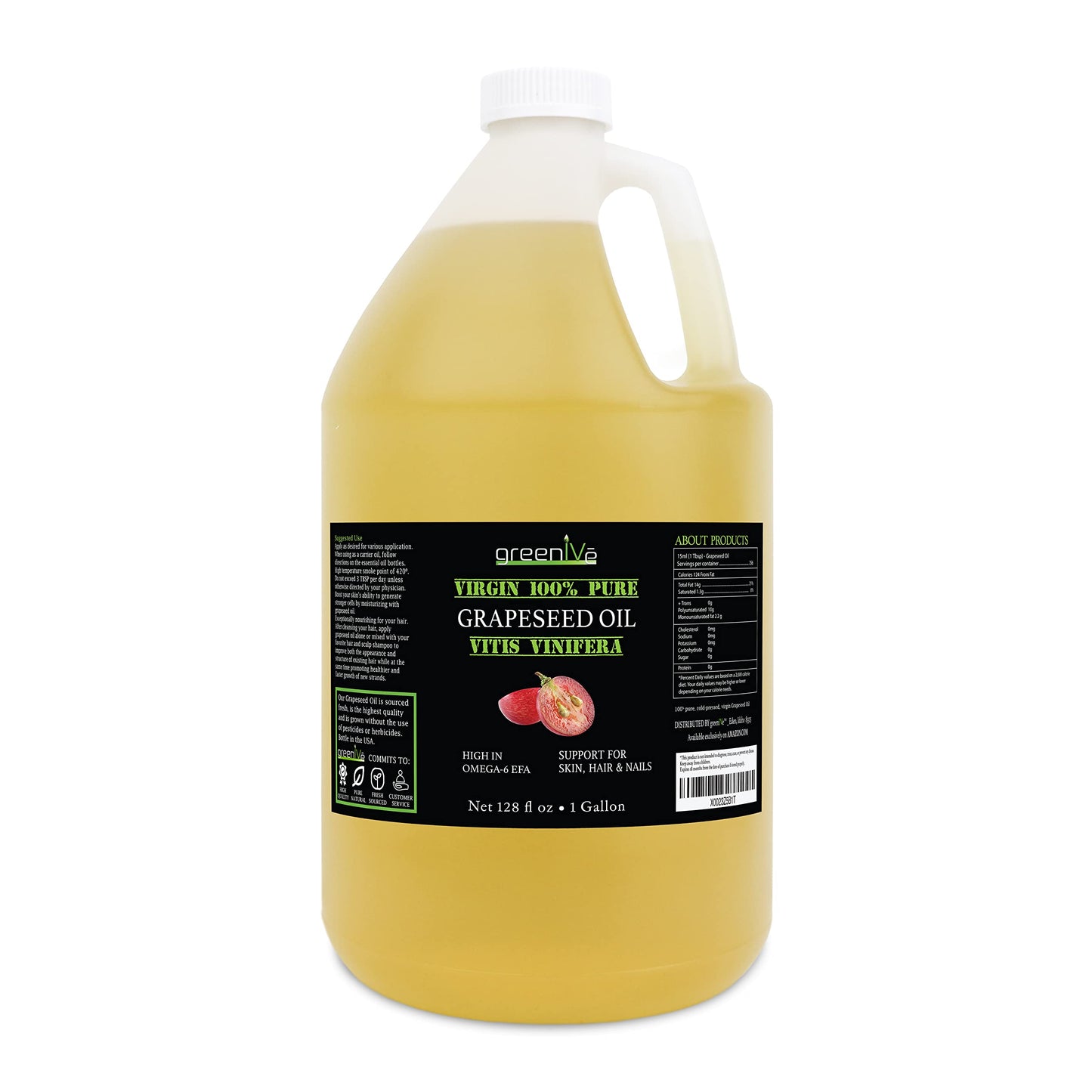 GreenIVe - Aceite de semilla de uva - Aceite de semilla de uva prensado en frío 100% puro - Exclusivamente en Amazon (128 onzas (1 galón))