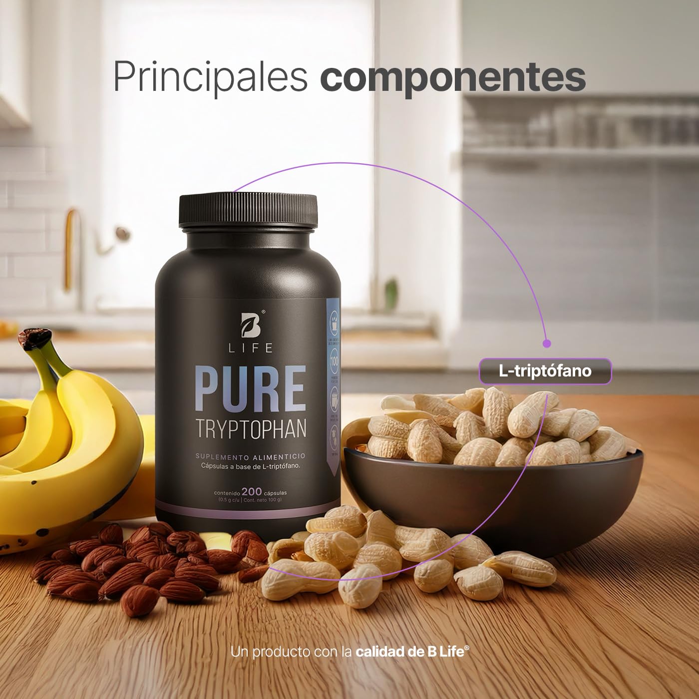 B Life Triptófano Puro | 200 Cápsulas de 500 mg | Aminoácido esencial precursor de serotonina | Pure Tryptophan.