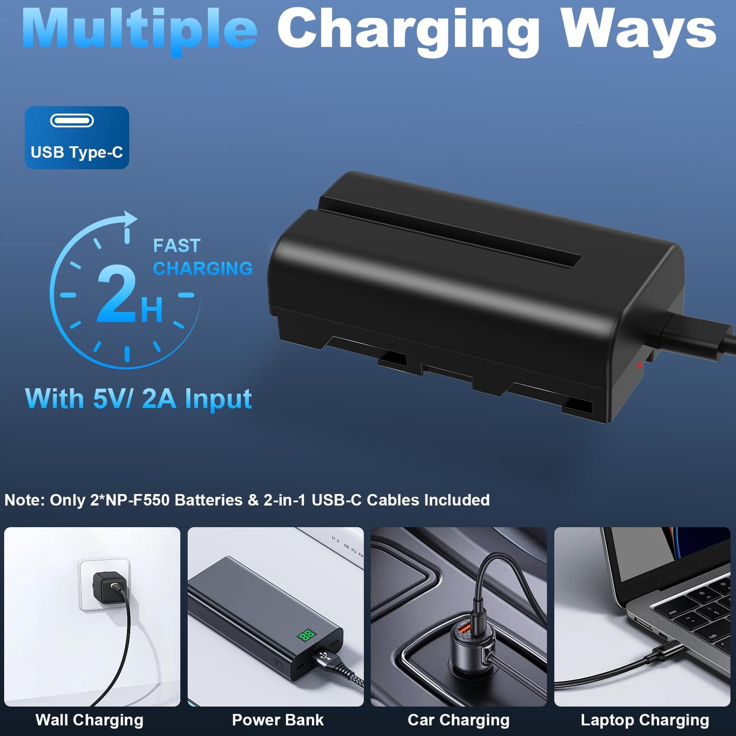 Artman Batería Mejorada NP-F550 2900mAh 2-Pack con Puerto de Carga Directa Tipo-C para Sony NP-F970 F750 F550 F330 F530 F570 F770 F960, CCD-SC55, TR516 TR716 TR818 TR910 TR917 Luz LED, Monitor (Negro)