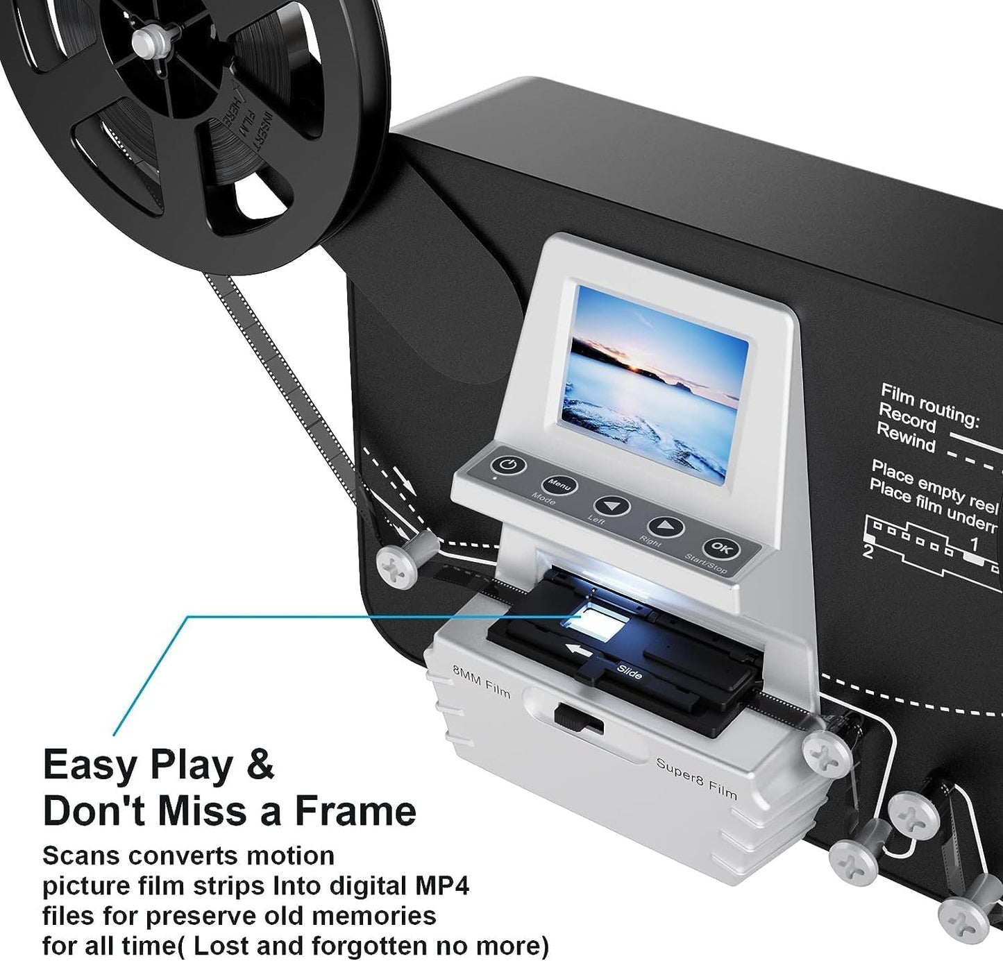eyesen - Digitalizador de película digital MovieMaker Pro de 8 mm y Super 8 Carretes a Digital MovieMaker, escáner de película, convierte marcos por archivos MP4, con pantalla de 2.4 pulgadas, ahorro