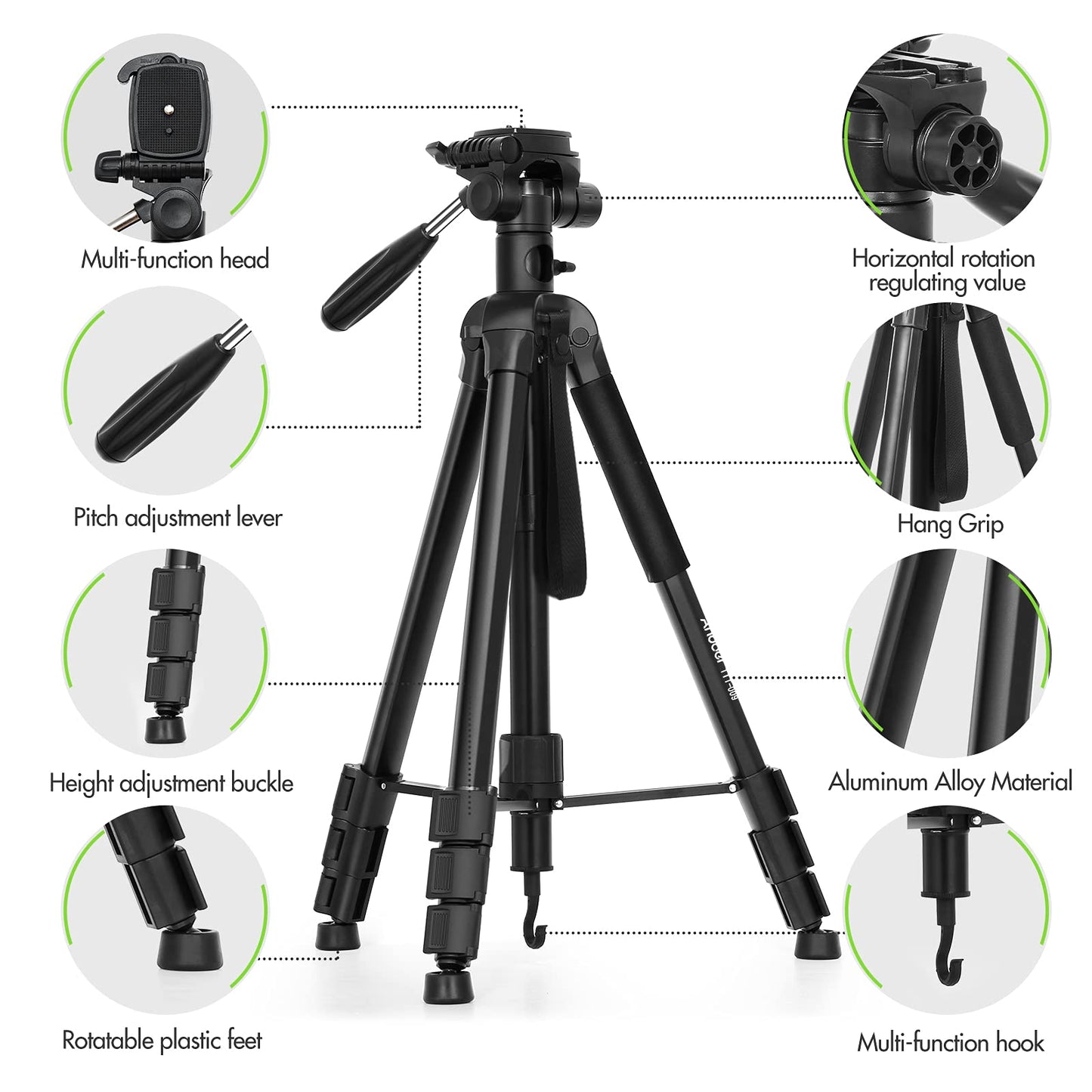 BHCASE TTT-009 Trípode de fotografía portátil de 168 CM / 66,14 Pulgadas Cámara monopié Soporte de trípode Horizontal Aleación de Aluminio Giratorio de 360 ° Capacidad de Carga de 5 kg / 11 Libras