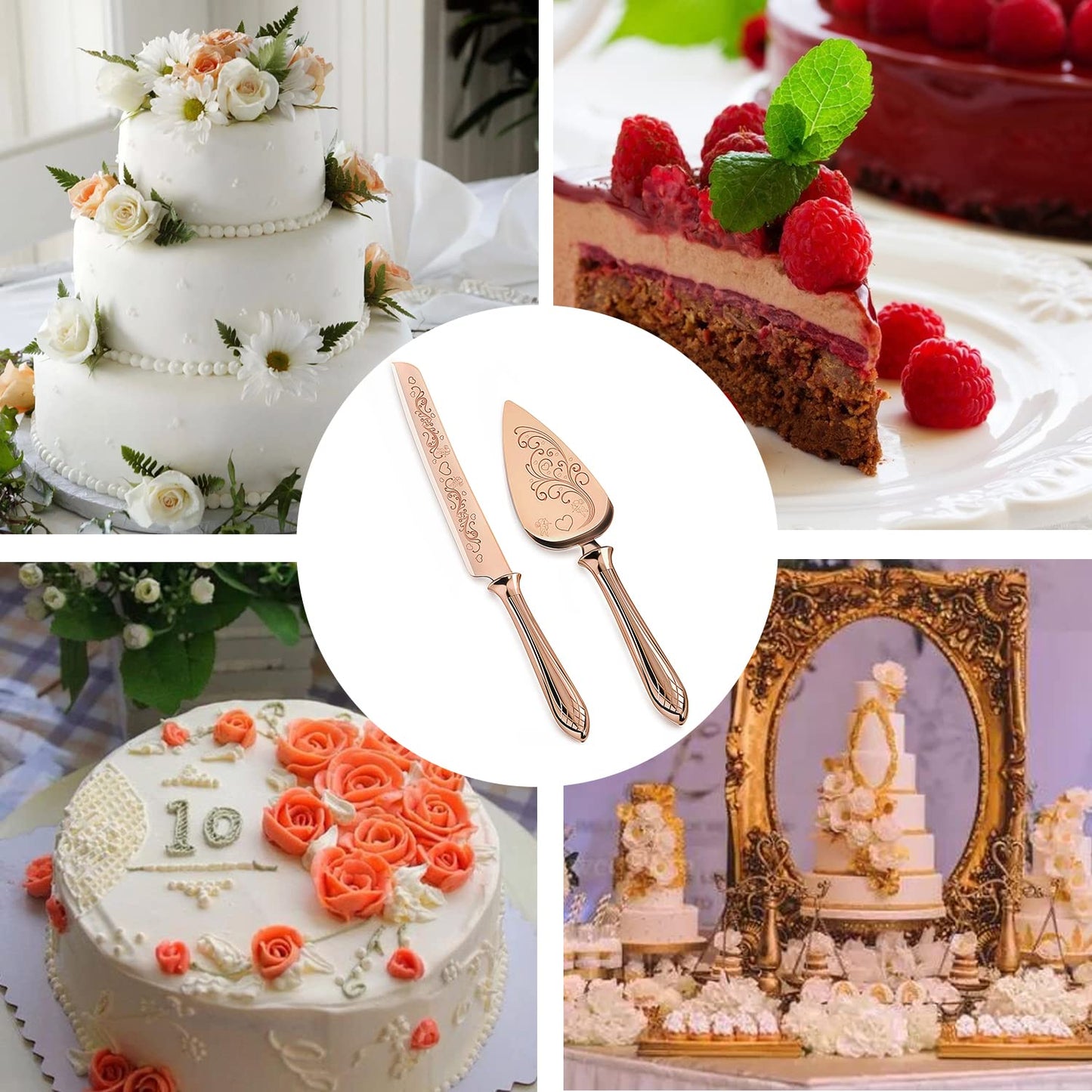 KSENDALO - Juego de cuchillos y servidores para tartas de boda, juego de corte de pasteles de oro rosa para boda, juego de cuchillos y servidores de pasteles de acero inoxidable SUS304 para bodas,