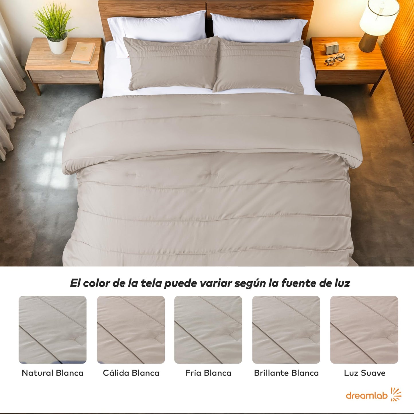 Juego Edredón Queen Dreamlab Beige Ultra Suave Hipoalergénico Reversible Plisado