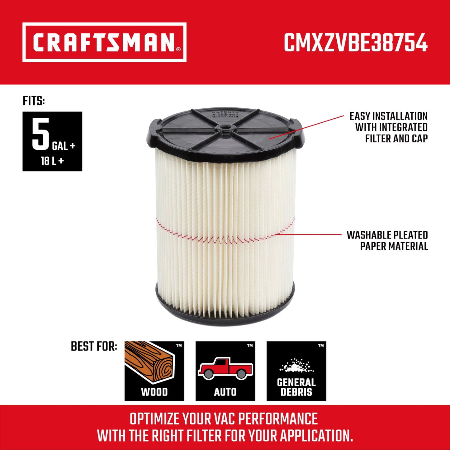CRAFTSMAN CMXZVBE38754 Filtro de repuesto para aspiradoras de tienda de 5 a 20 galones