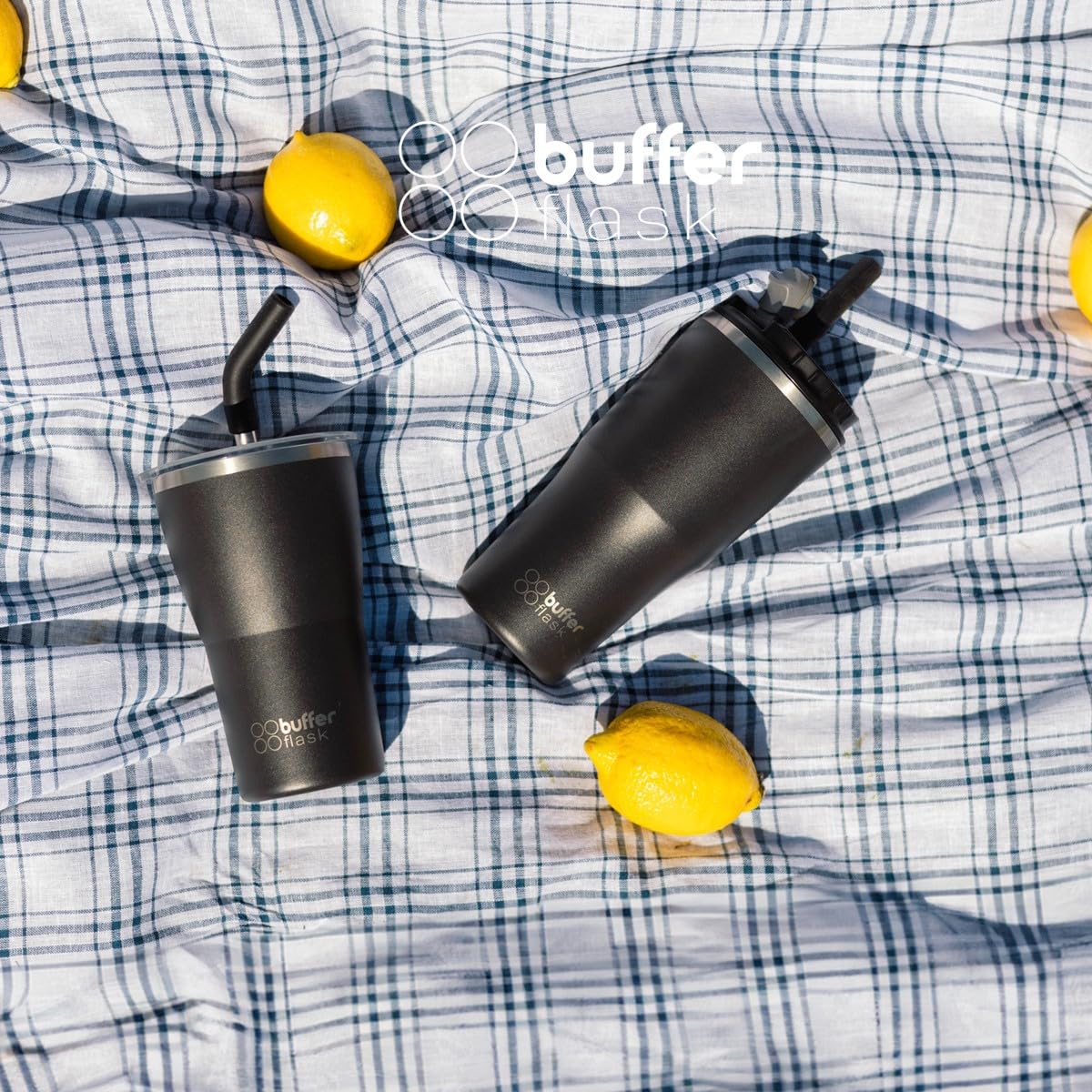 Buffer Flask - Vaso Térmico 600 ml - Termo para Café y Agua de Acero Inoxidable - Tapa Anti Derrame y Fugas - Taza Tumbler Mug para Bebidas Frías y Calientes - Incluye Popote - Color Negro