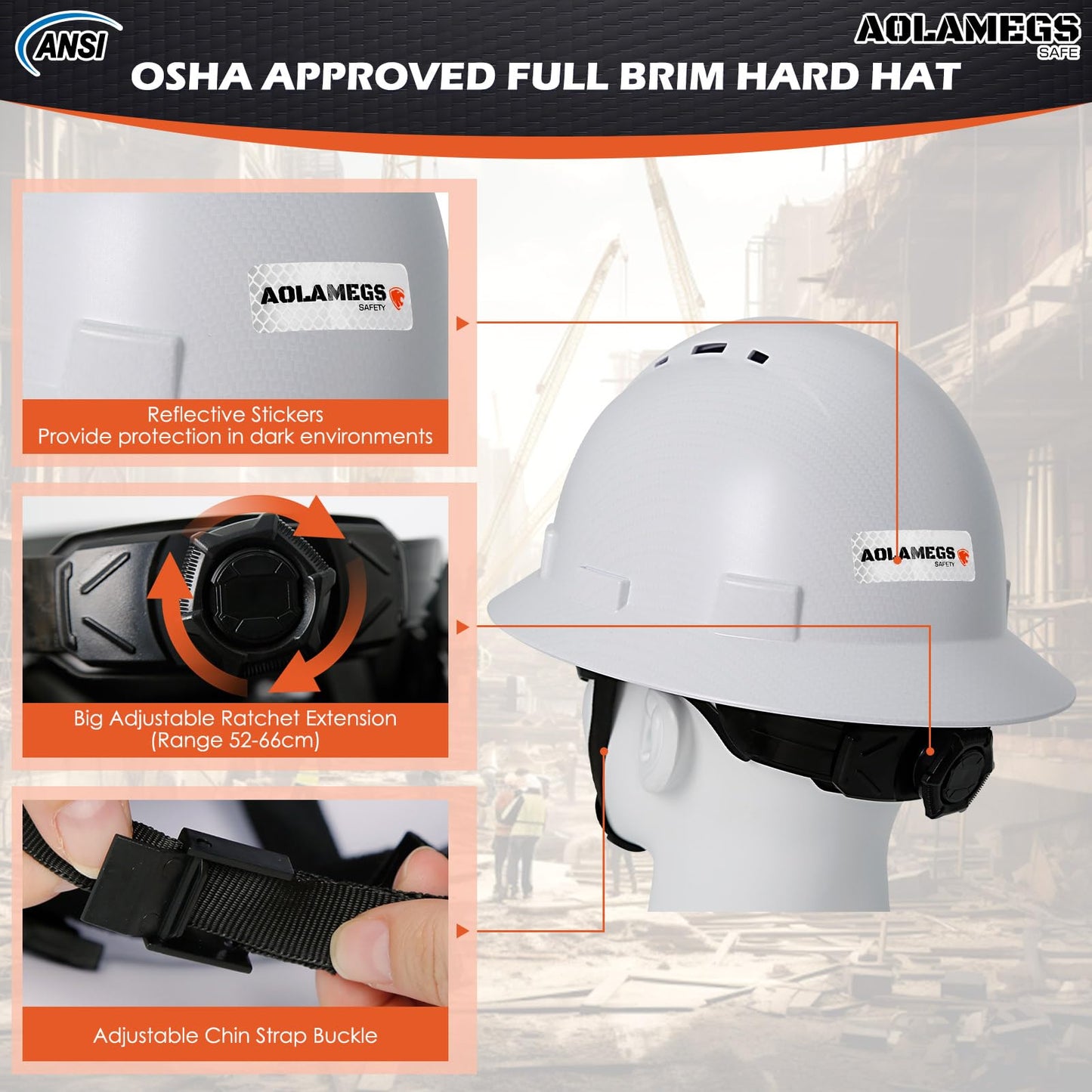 Aolamegs Safe Casco de ala Completa de Fibra de Carbono Blanco Mate con Gafas de Seguridad y Forro para Hombres y Mujeres, Aprobado por ANSI Z89.1, Seguridad con Correa de Barbilla y Visera Solar