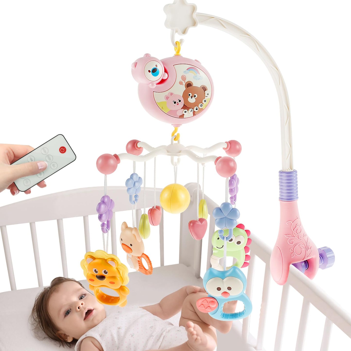 Móvil para cuna musical, juguetes colgantes para cuna con música y luces nocturnas, móvil para cuna de bebe rotación de 360° para bebé, regalo para recién nacidos (rosa)