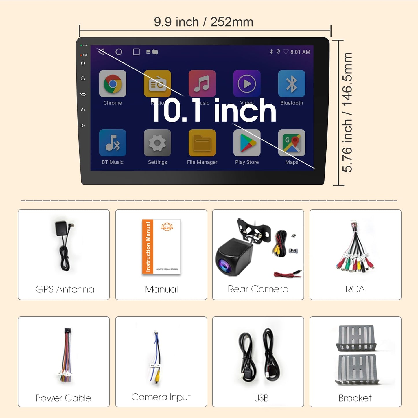 Haudio Estéreo de coche doble din, visualización táctil HD de 10.1 pulgadas con Apple Carplay y Android Auto, enlace espejo, Bluetooth 5.4, SWC, subwoofer, 5.1 CHN, cámara de respaldo, 4+64 GB