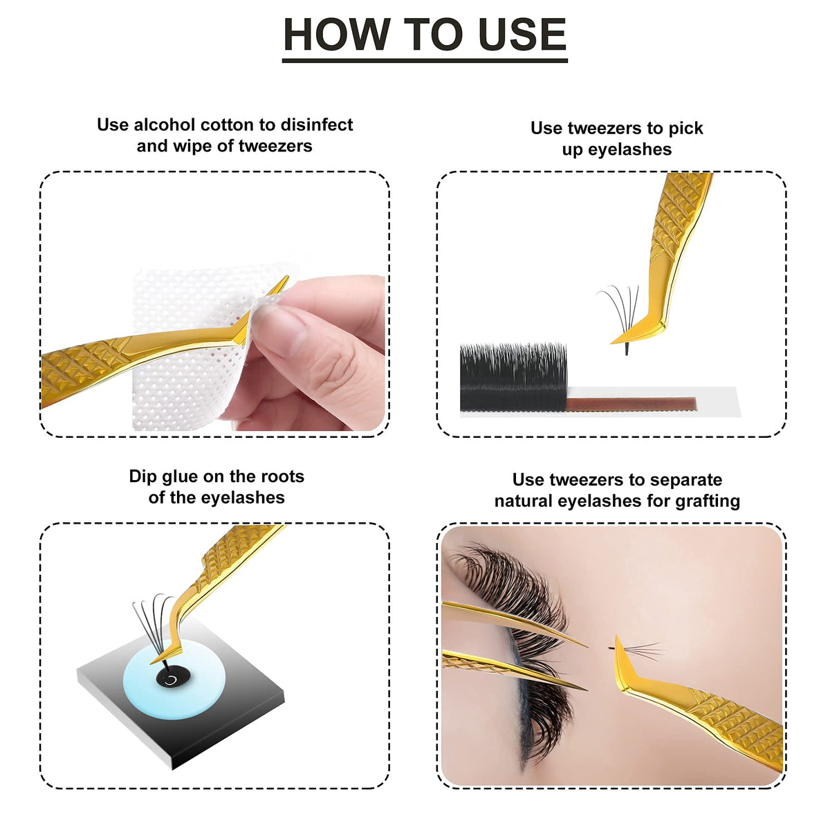 SIVOTE Juego de 6 pinzas profesionales para extensión de pestañas, acero japonés, color dorado