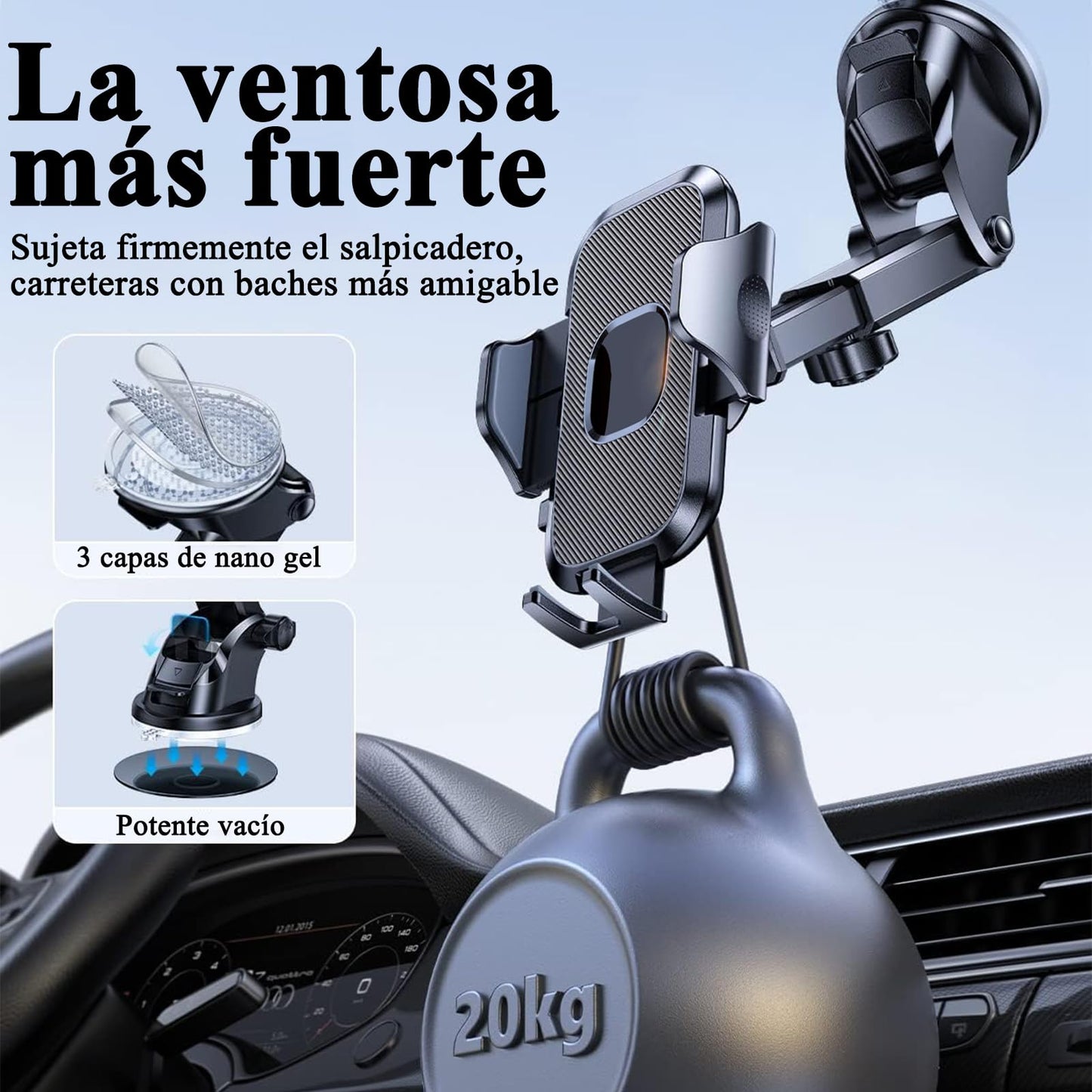 Soporte Celular Automóvil 3 en 1,Base Celular Auto Tablero,Soport Celular Auto,Soporte Universal para Parabrisas/Salpicadero/Ventilación, Accesorios Auto Para IPhone 15/14 , Xiaomi, Motorola, Huawei