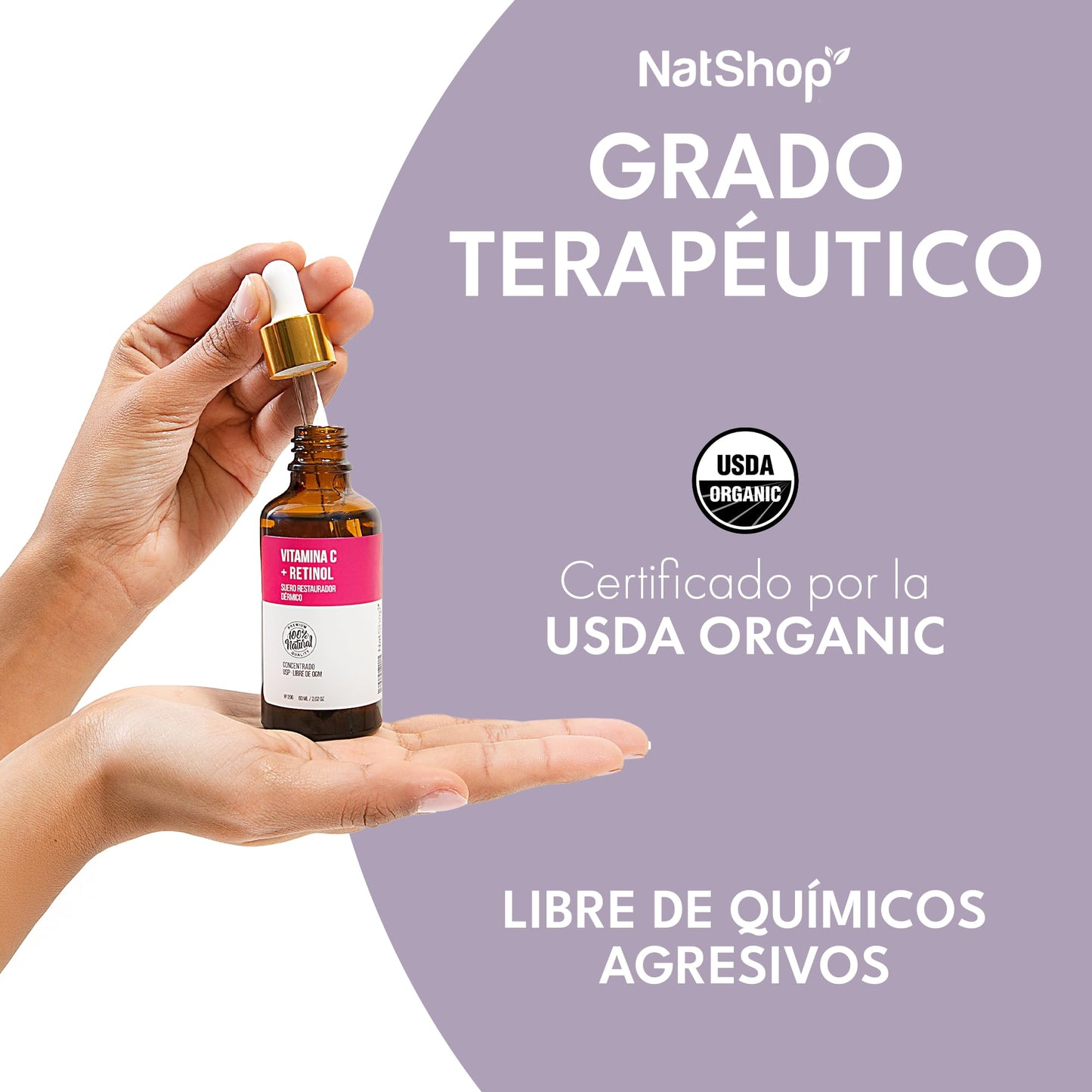 NATSHOP | Suero de Vitamina C + Retinol 100% Natural - Fórmula con Aceites Orgánicos y Textura Suave | Skin Care Sin Parabenos, Fragancias Sintéticas ni Químicos Agresivos - Skincare Nocturno 60ml