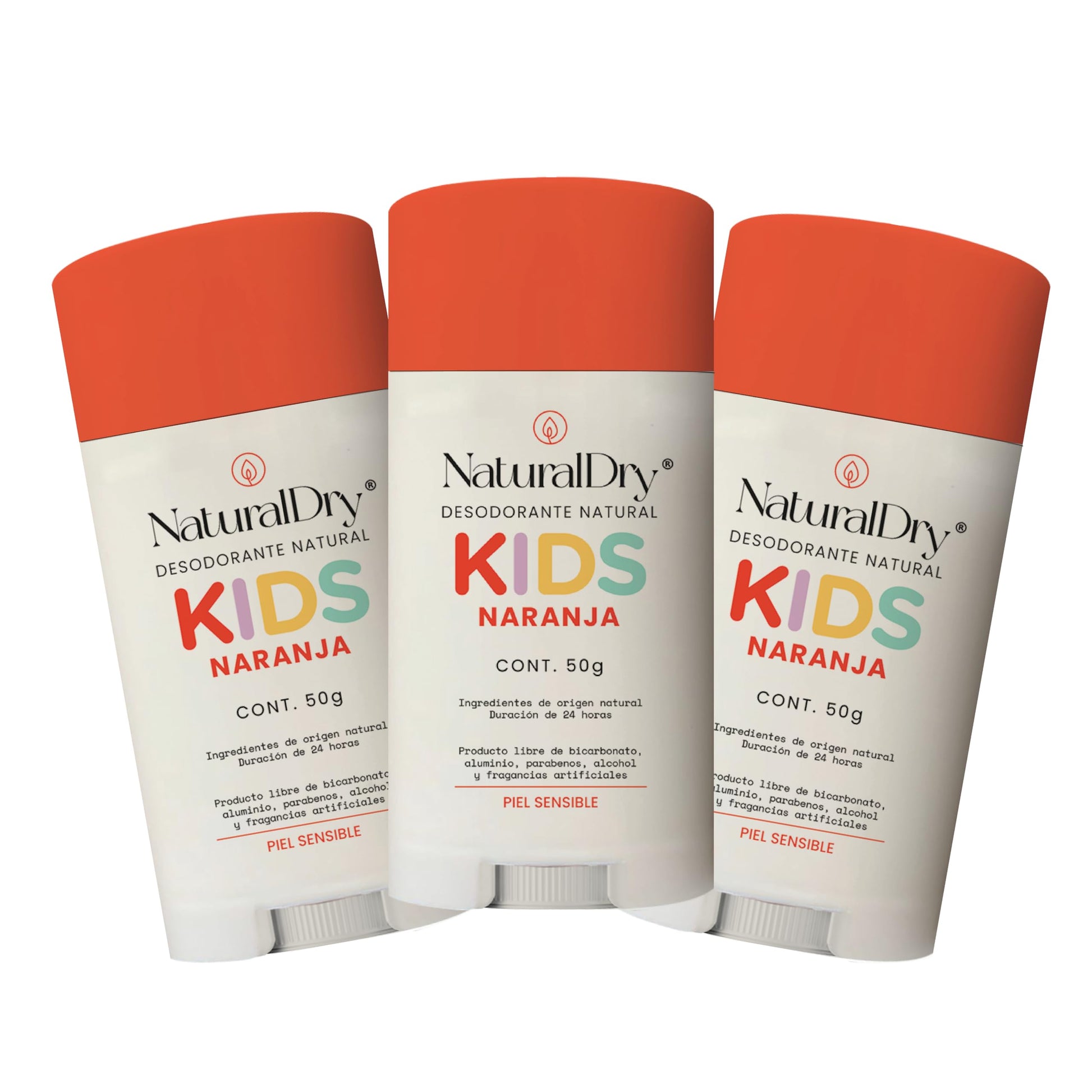 Naturaldry - 3 Kids Pack de desodorante infantil SIN BICARBONATO DE SODIO unisex Natural para niños - No obstruye los poros - aroma Naranja - SIN ALUMINIO - Sin parabenos - Barra (3 unidades)
