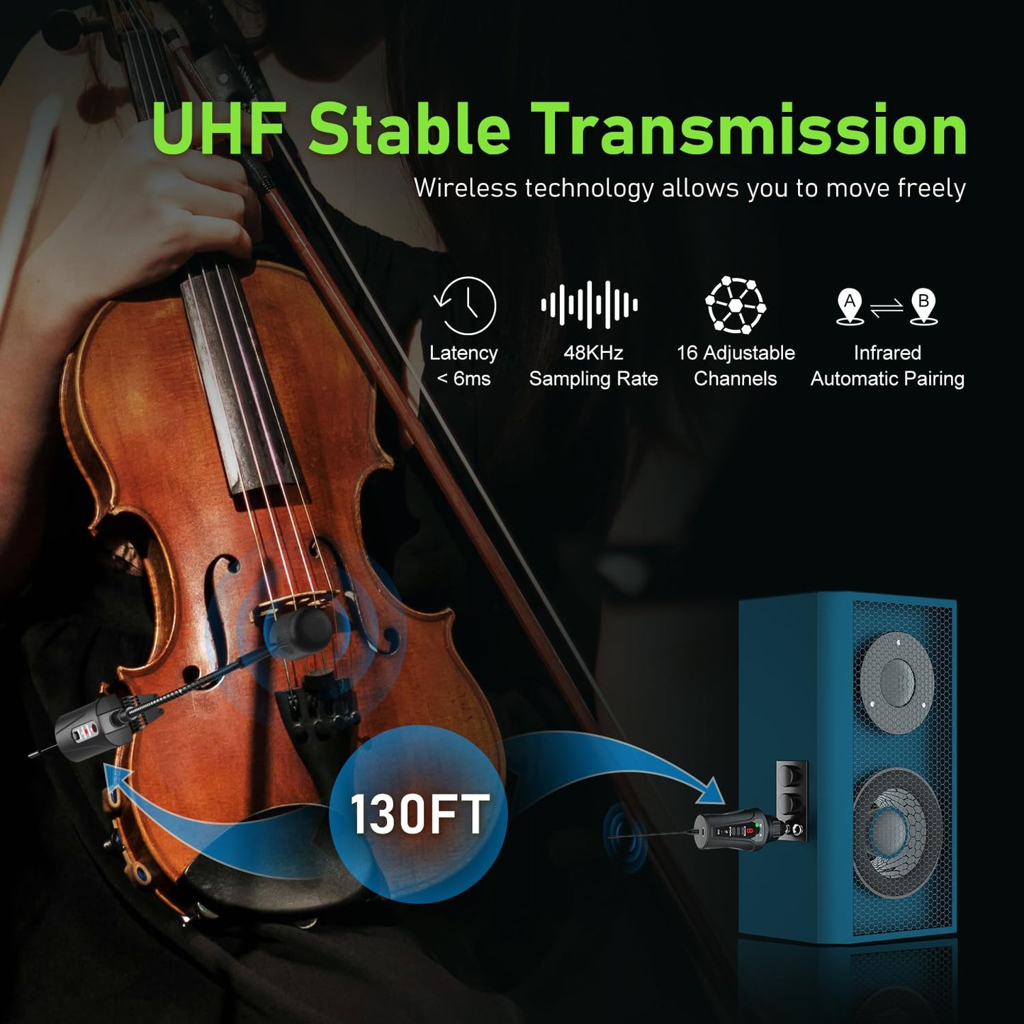 ACEMIC UHF Micrófono inalámbrico para violín Recoge el Instrumento de Cuello de Cisne Micrófono de Clip Transmisor y Receptor para Altavoces Activos, Sistemas de megafonía Activos, VT-5