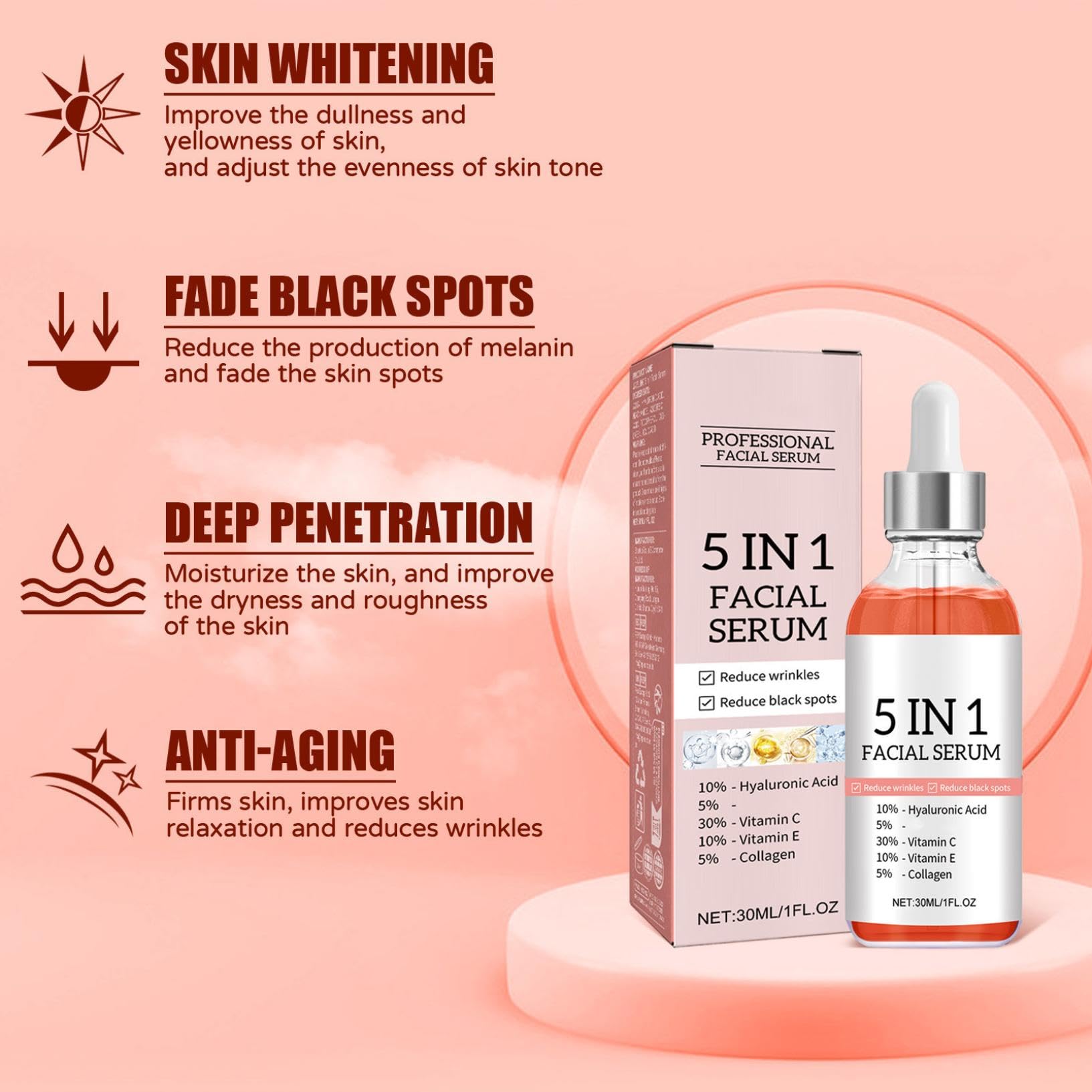 Suero Facial 5 en 1 Antimanchas y Antienvejecimiento con Vitamina C y Ácido Hialurónico - 3 Piezas - Para Todo Tipo de Piel - Serum Facial Mujer - Tratamiento Facial Completo