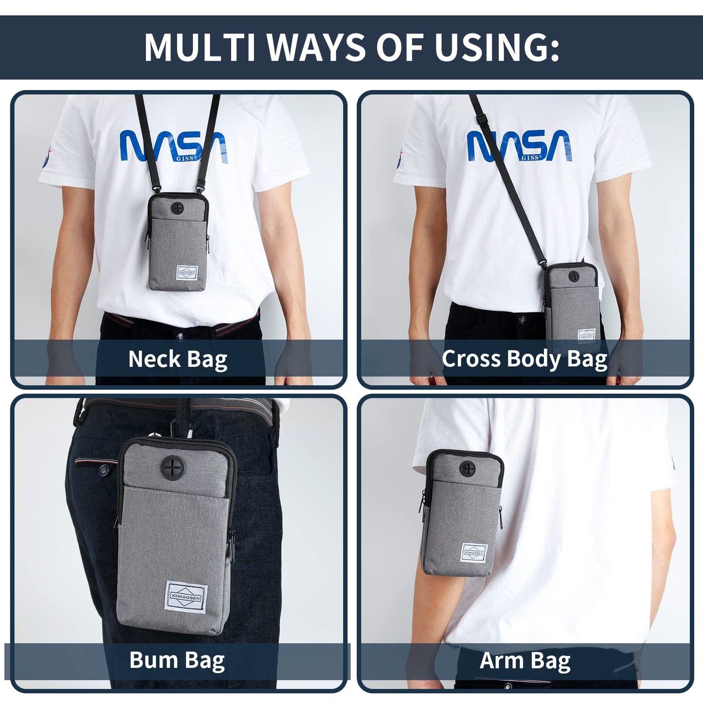HOTEMIA - Bolso bandolera para teléfono celular, bolsa de viaje con correa de hombro extraíble, Negro -, Una talla, Deportes