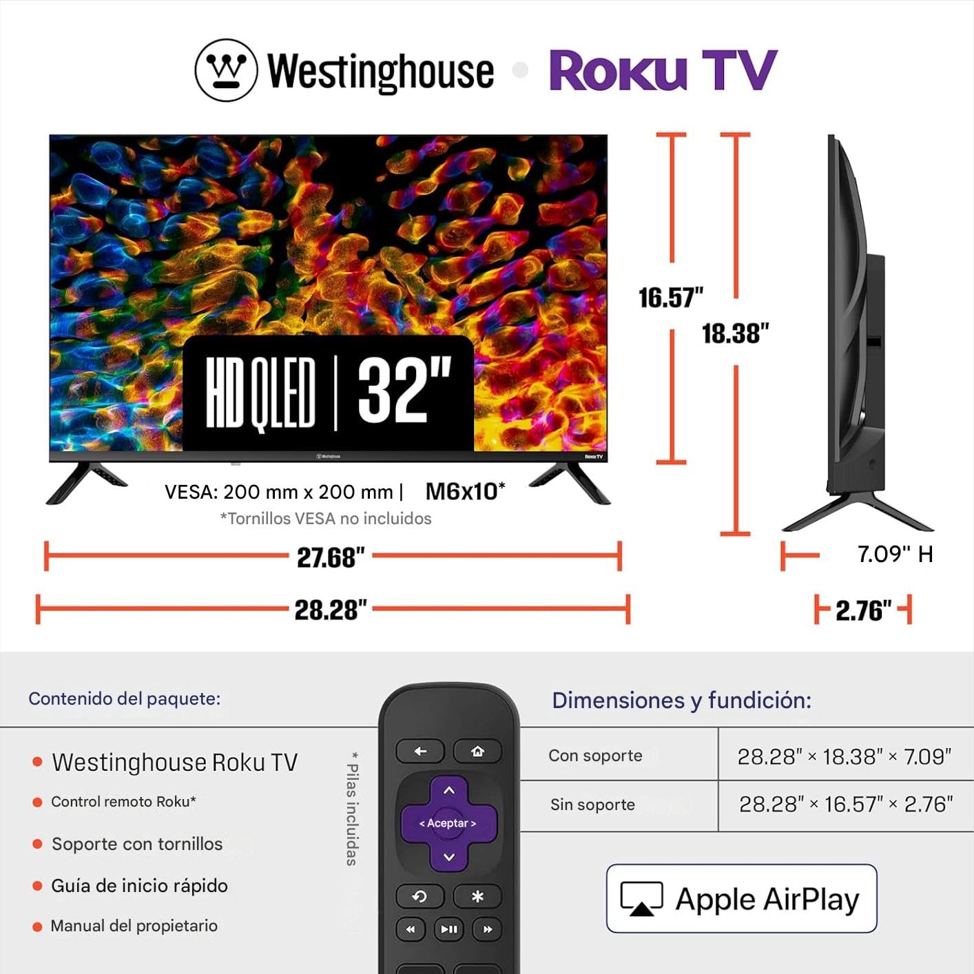 Westinghouse Roku TV Smart TV de 32" Pulgadas, Televisor HD QLED con Dolby Digital+, conectividad Wi-Fi y Aplicación móvil, Bluetooth, Apple AirPlay -WR32QE2350 (Reacondicionada)