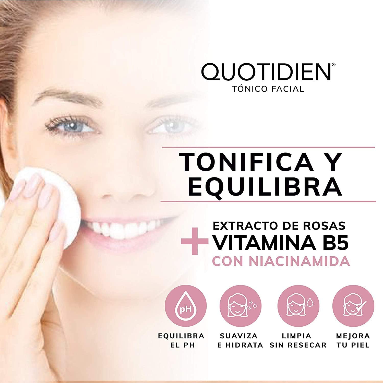 Quotidien Tónico Facial con Agua de Rosas + Vitamina B5 + Niacinamida- Sin Fragancia-Sin Alcohol Etílico-97% Ingredientes Naturales - Equilibra el PH , Limpia Sin Resecar, Suaviza e Hidrata- Mejora Tu Piel - Hidratación Facial - Ideal Para Todo Tipo de Pi