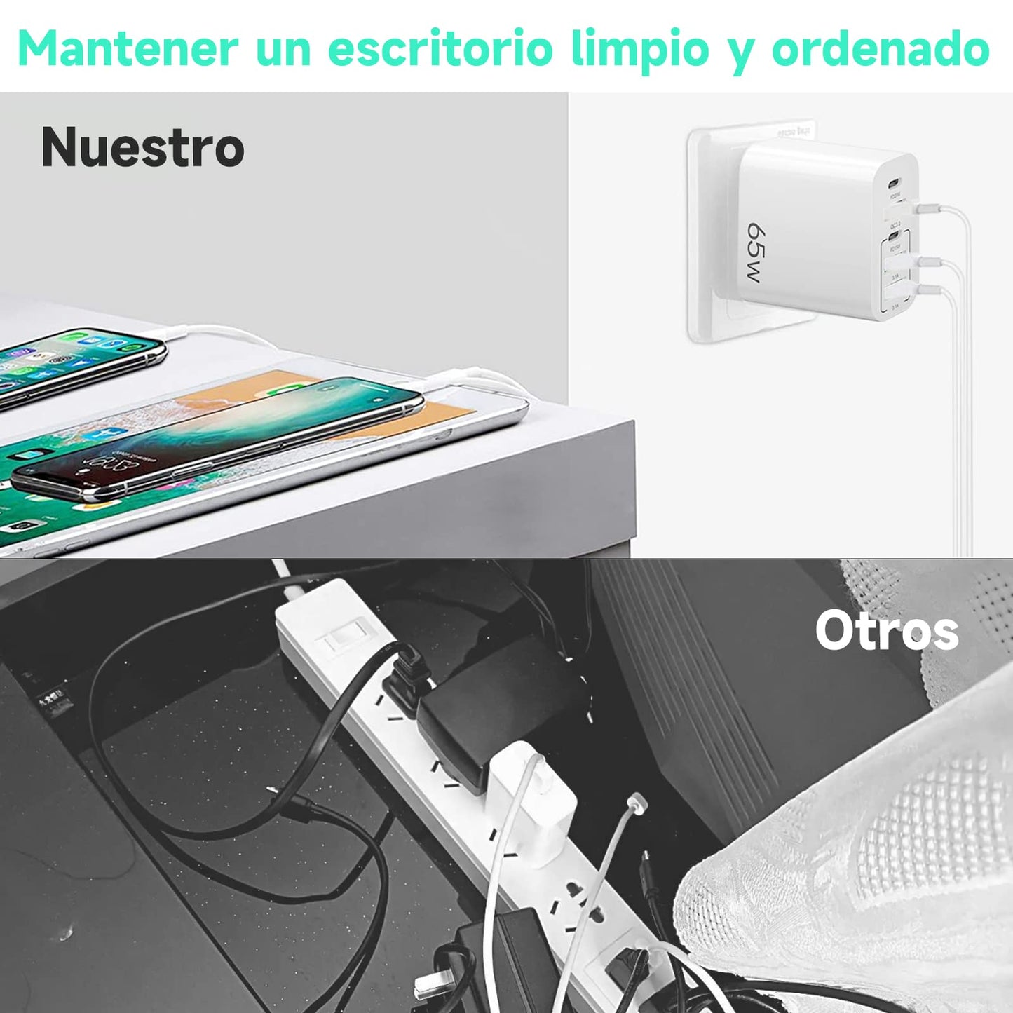 Eynshoo Cargador Tipo C con Cable 1.5m, 65W Cargador USB C PD20w+PD15w 5 en 2 Carga Rapida, Compatible con iPhone 14 13 12 11 Pro MAX iPhone Mini X XS XR 8 9 Plus iPad Pro Huawei (PD20w+PD15w)