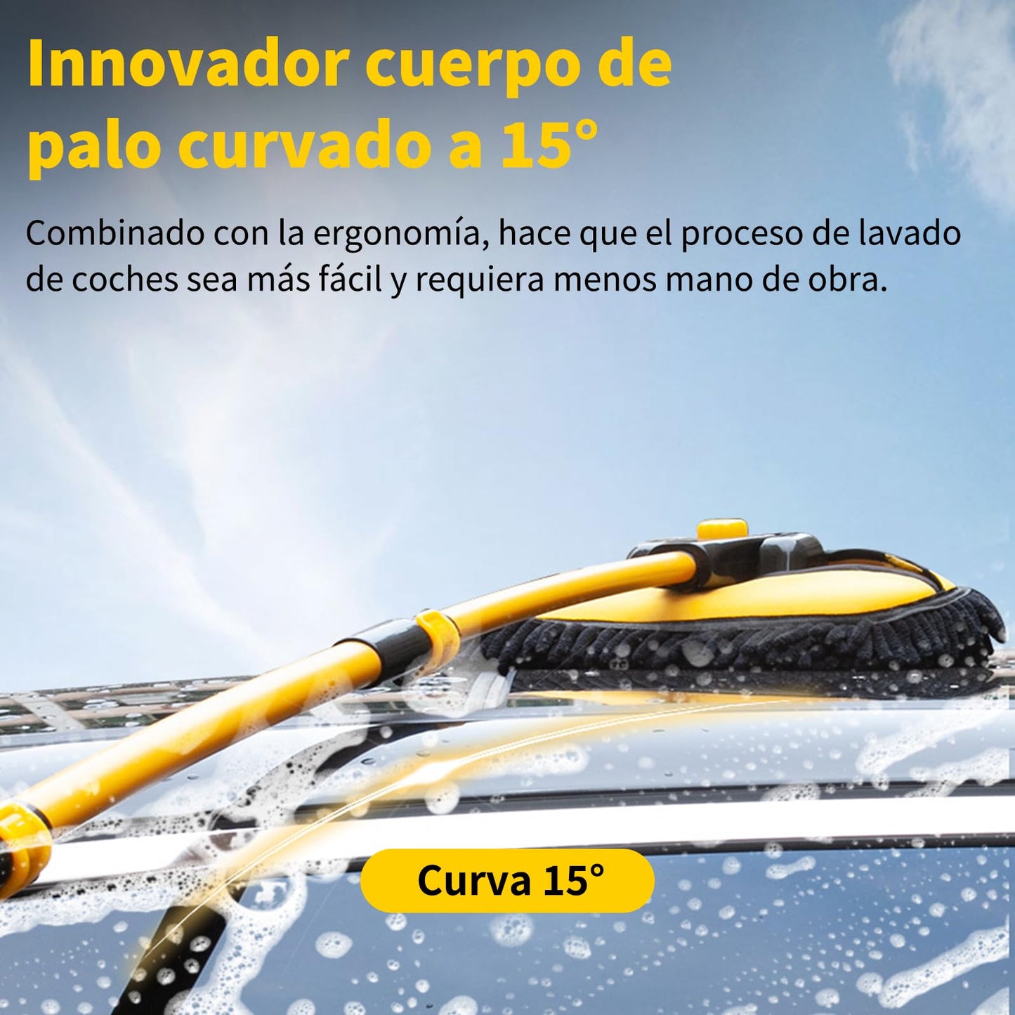Benanei Cepillo para Lavar Carros Curvado 15°con Mango Largo, Kit de Limpieza para Auto, Chenilla Cepillo para Auto con Poste Extensible 50-120cm, para Lavar Coches, Limpiar Cristales, Fregar, Hogar