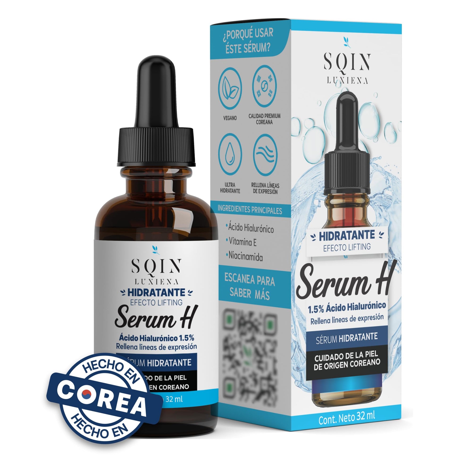Sqin Luxiena Korean Serum Acido Hialuronico 1.5%, Vitamina E y Niacinamida. Hidratante Facial Desvanece Arrugas y Lineas de Expresion. Suero Facial Ácido Hialurónico, Skin care Coreano 100% Vegano 32 ml.
