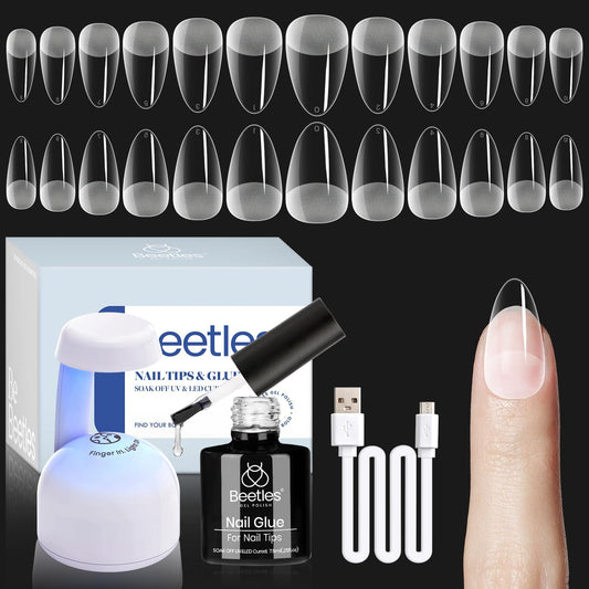Kit de uñas de gel Beetles Almendra: 504 piezas Kit de uñas de gel Beetles Juego de extensiones de uñas fácil Etch X Puntas de uñas cortas, medianas, almendra, puntas de uñas medio mate Pegamento para uñas 5 en 1 Lámpara de uñas UV LED DIY