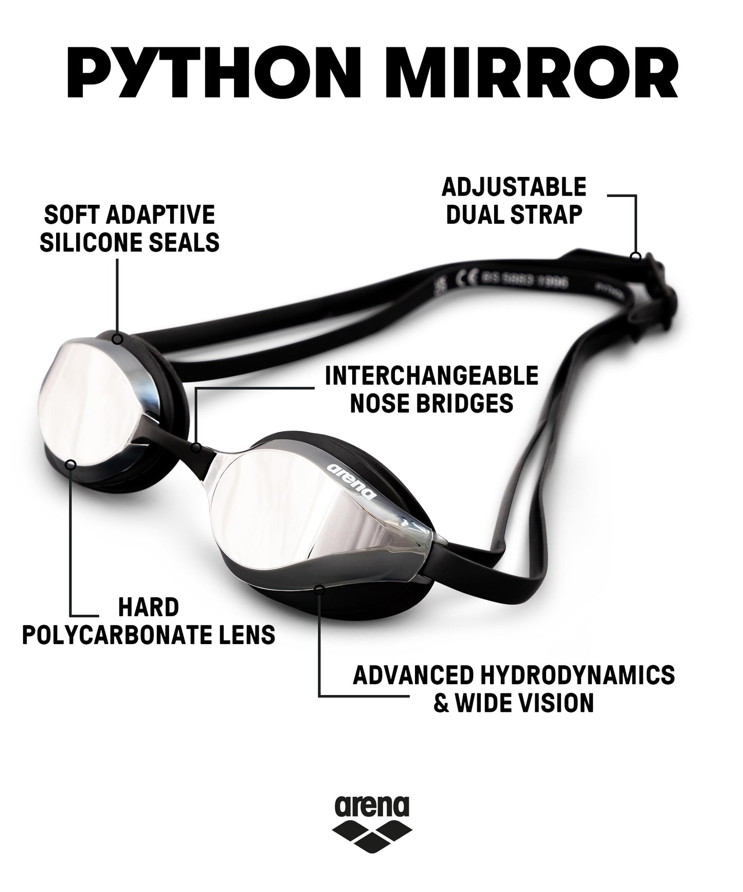 Arena Goggles Natación Python Mirror única, Negro/ Plata