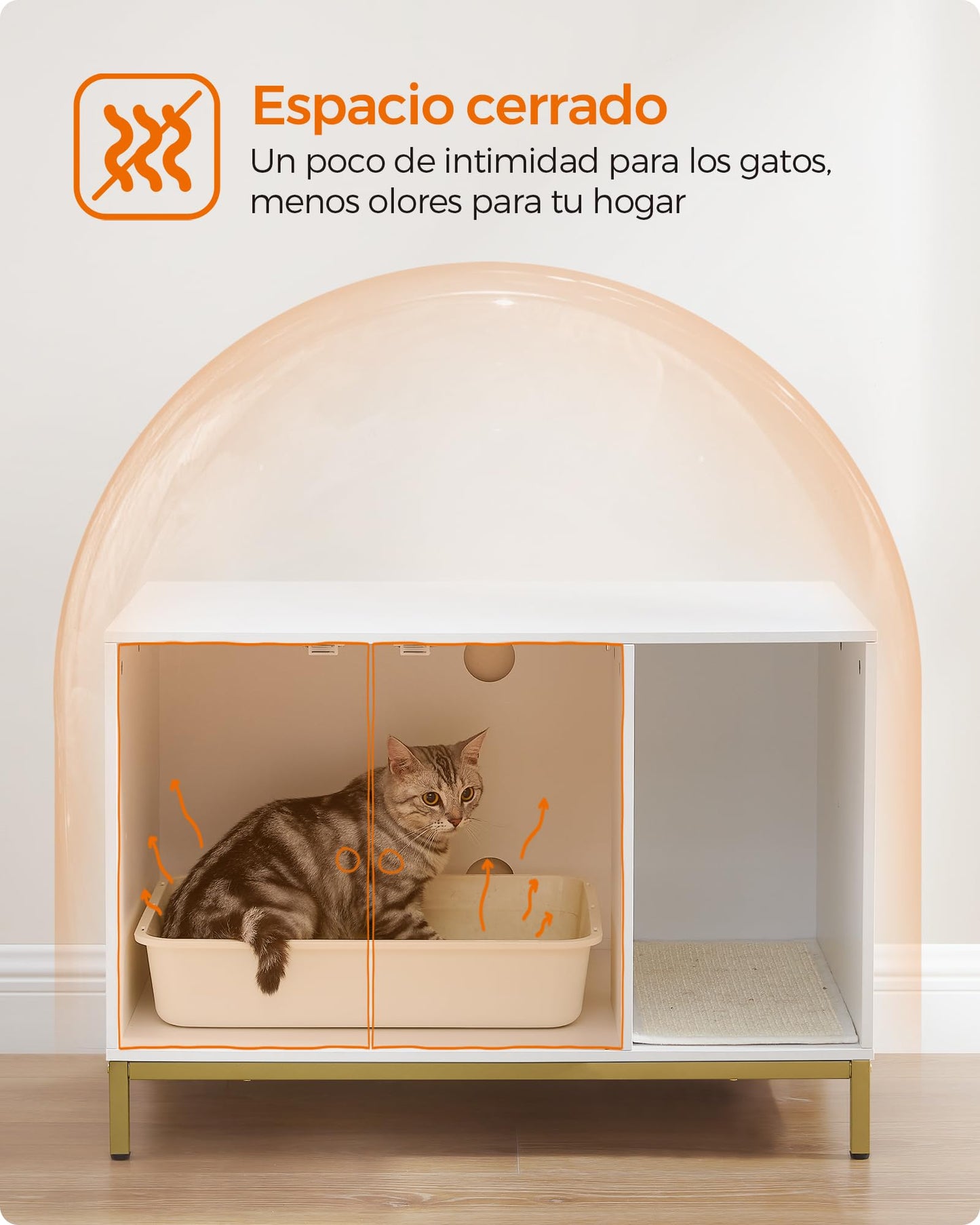 Feandrea Mueble Arenero, Mueble de Caja Arenero para Gatos,con Alfombrilla Rascadora, Patas Altas, 80 x 50 x 55 cm, Blanco y Dorado MPCL007W01