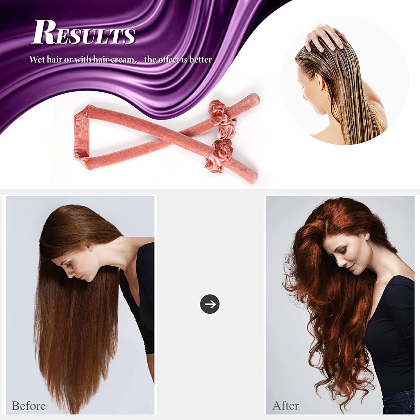 Rizador de pelo sin calor, diseño segmentado mejorado, diadema de rizos de seda sin calor para un sueño más cómodo durante la noche, cinta de seda para rizar el cabello con bandas de goma y clips
