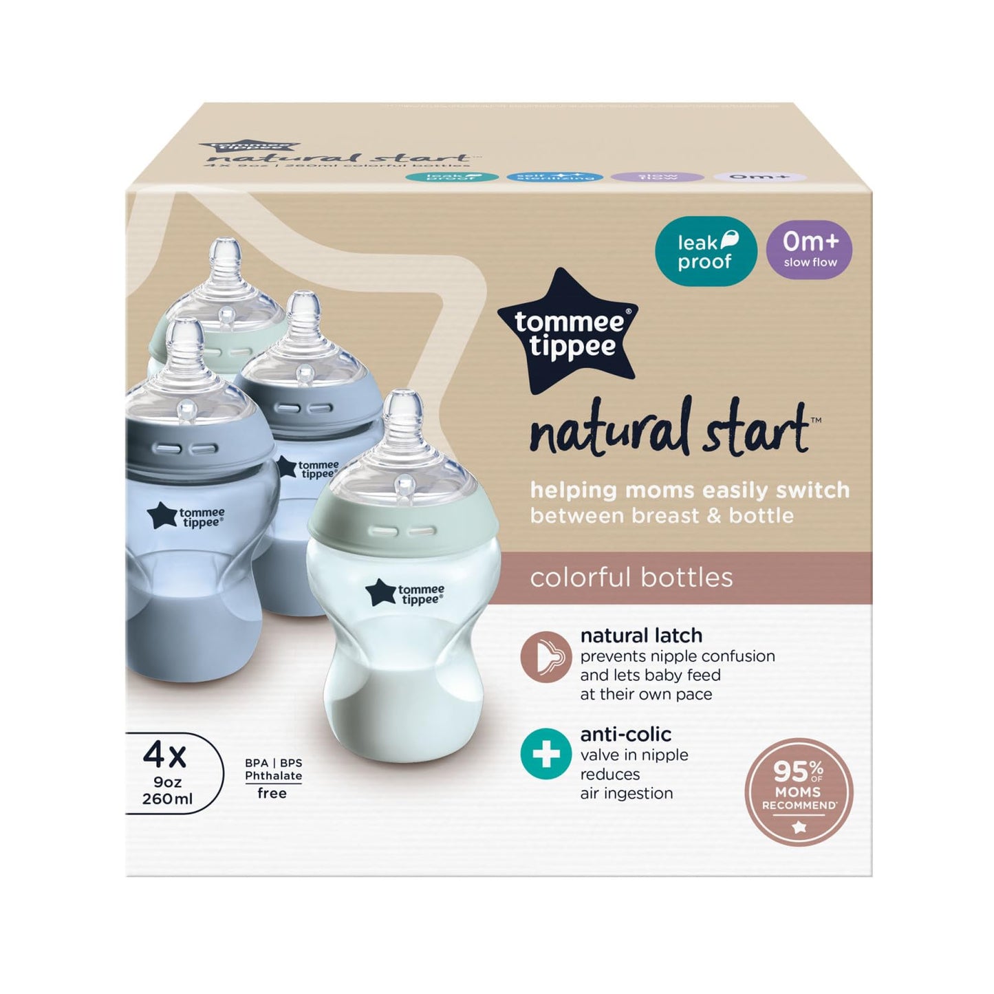 Biberones Tommee Tippee Azul y Verde con Tetina Similar al Pecho y Válvula Anticólico