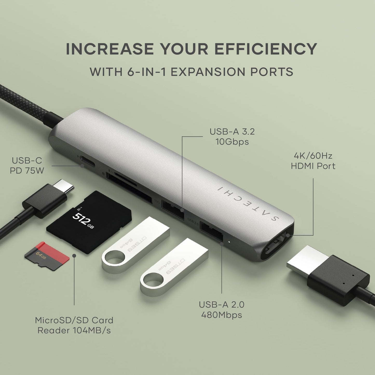 Adaptador USB-C SATECHI Gris Espacial 6 en 1 con HDMI 4K para MacBook Pro/Air M4-M1 y iPad