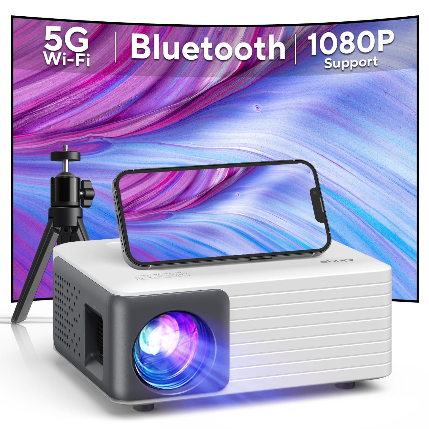 AKIYO Mini Proyector WiFi Bluetooth con Tripode, Portátil Proyector Soporta Full HD 1080P, Videoproyector Cine en Casa, para iOS/Android/USB/TV Stick/HDMI, Regalo para Niños