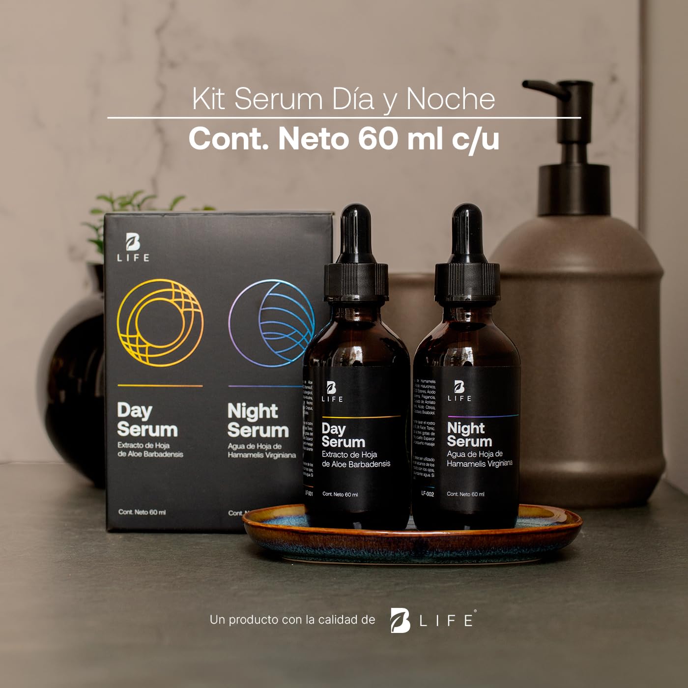 Kit de Sérum de Día y Noche para Rostro de 60 ml C/U con 96% de Ingredientes Naturales. Adicionado con Vitamina C y Ácido Hialurónico. Skincare Antiarrugas. Kit Serum B Life.
