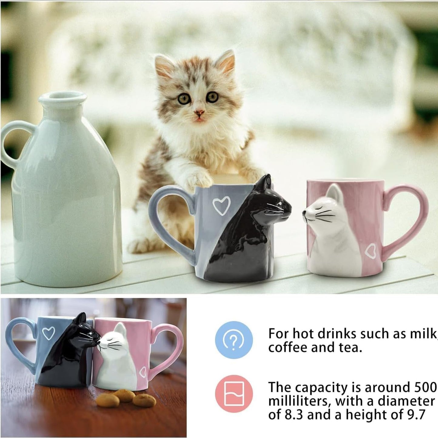 Juego de tazas de café con diseño de gato beso, juego de tazas de cerámica para novia y novio, regalo a juego para cumpleaños, aniversario, boda, compromiso, día de San Valentín, novia, esposa (taza de gato)