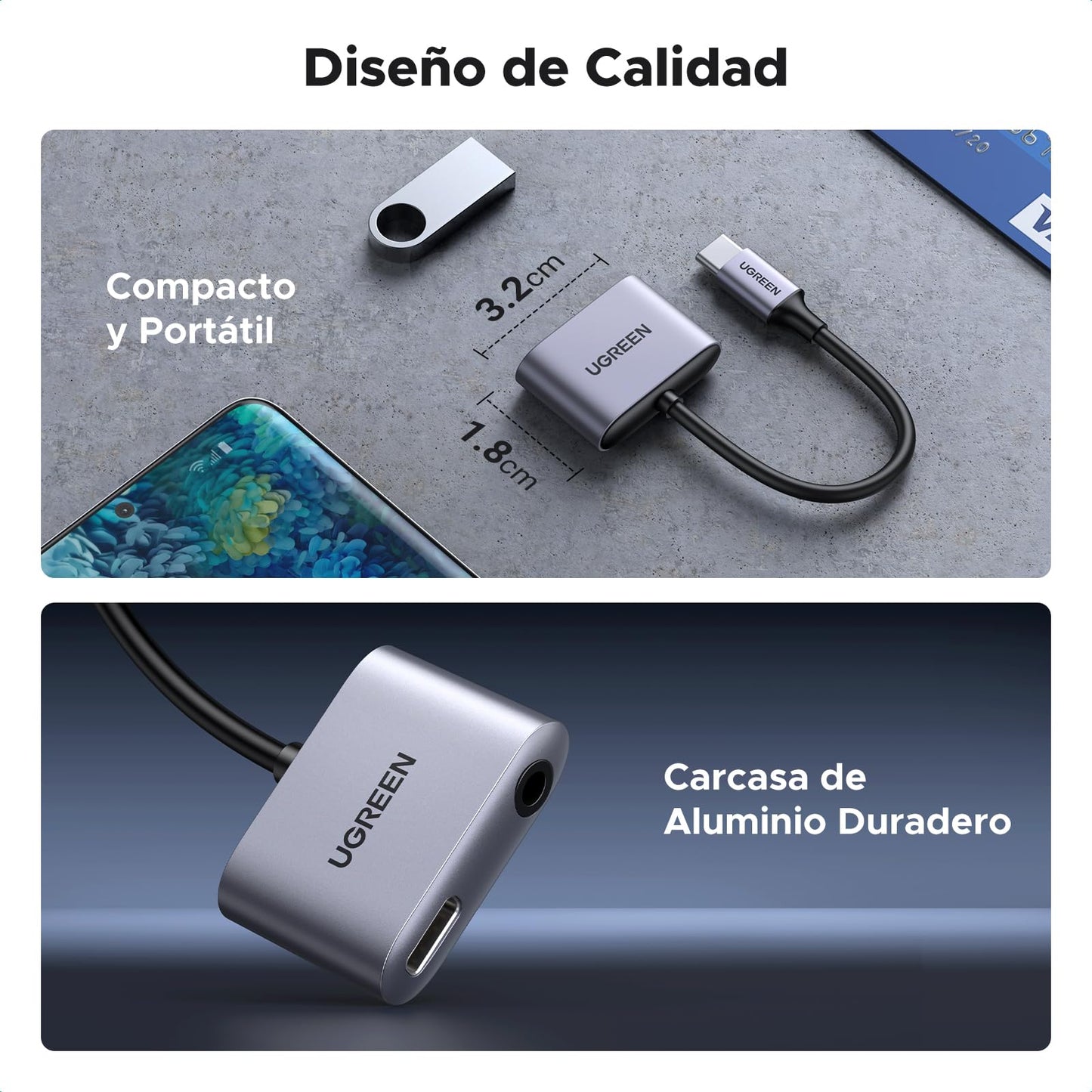 Adaptador USB C UGREEN Blanco 60W Carga Rápida y Jack 3.5 mm 2 en 1 Compatible con iPhone, Galaxy, Pixel, iPad