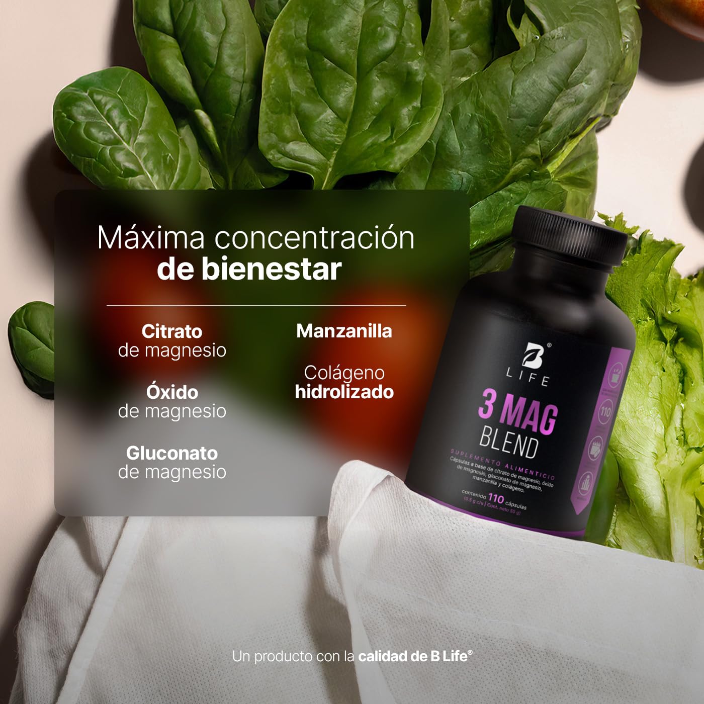 B Life Citrato, Óxido y Gluconato de Magnesio 500 mg | 110 Cápsulas | Alta absorción | Ingredientes Naturales | 3 Mag Blend.