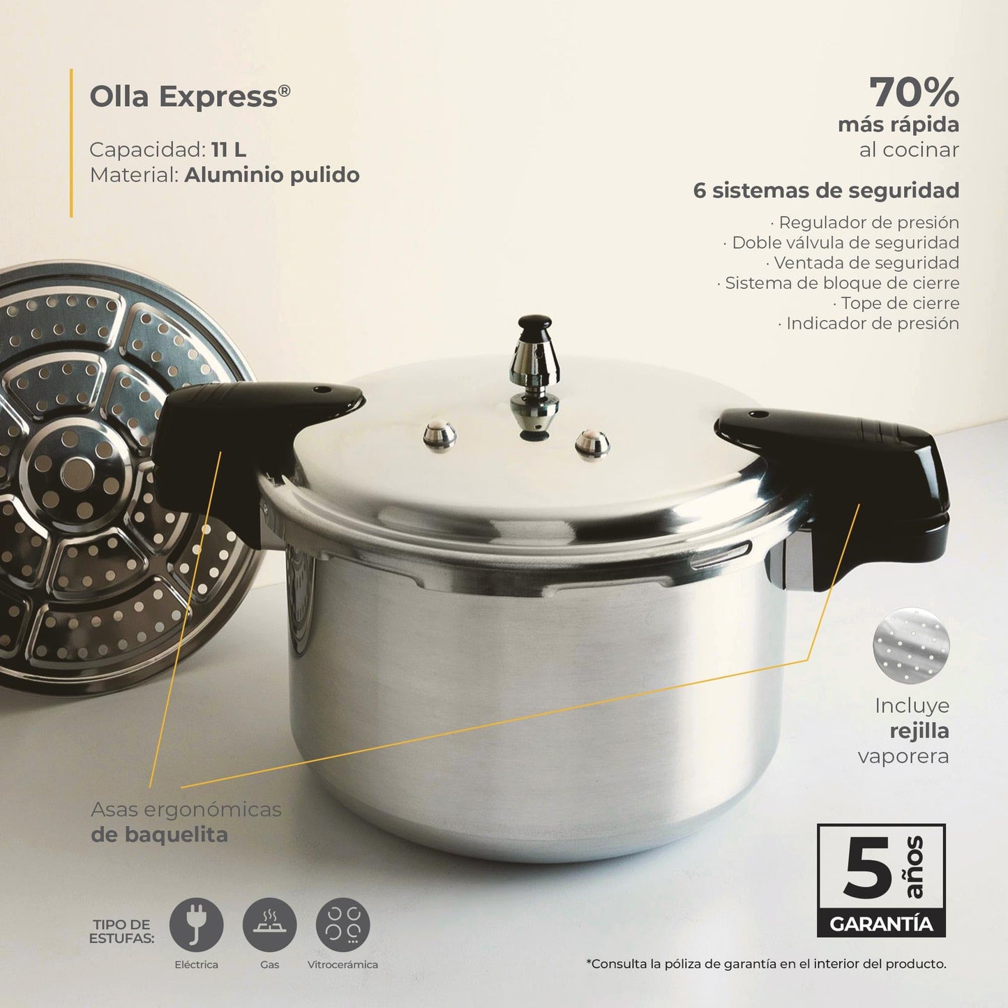 Ekco | Olla Express 11 Litros con 6 Sistemas de Seguridad de Aluminio