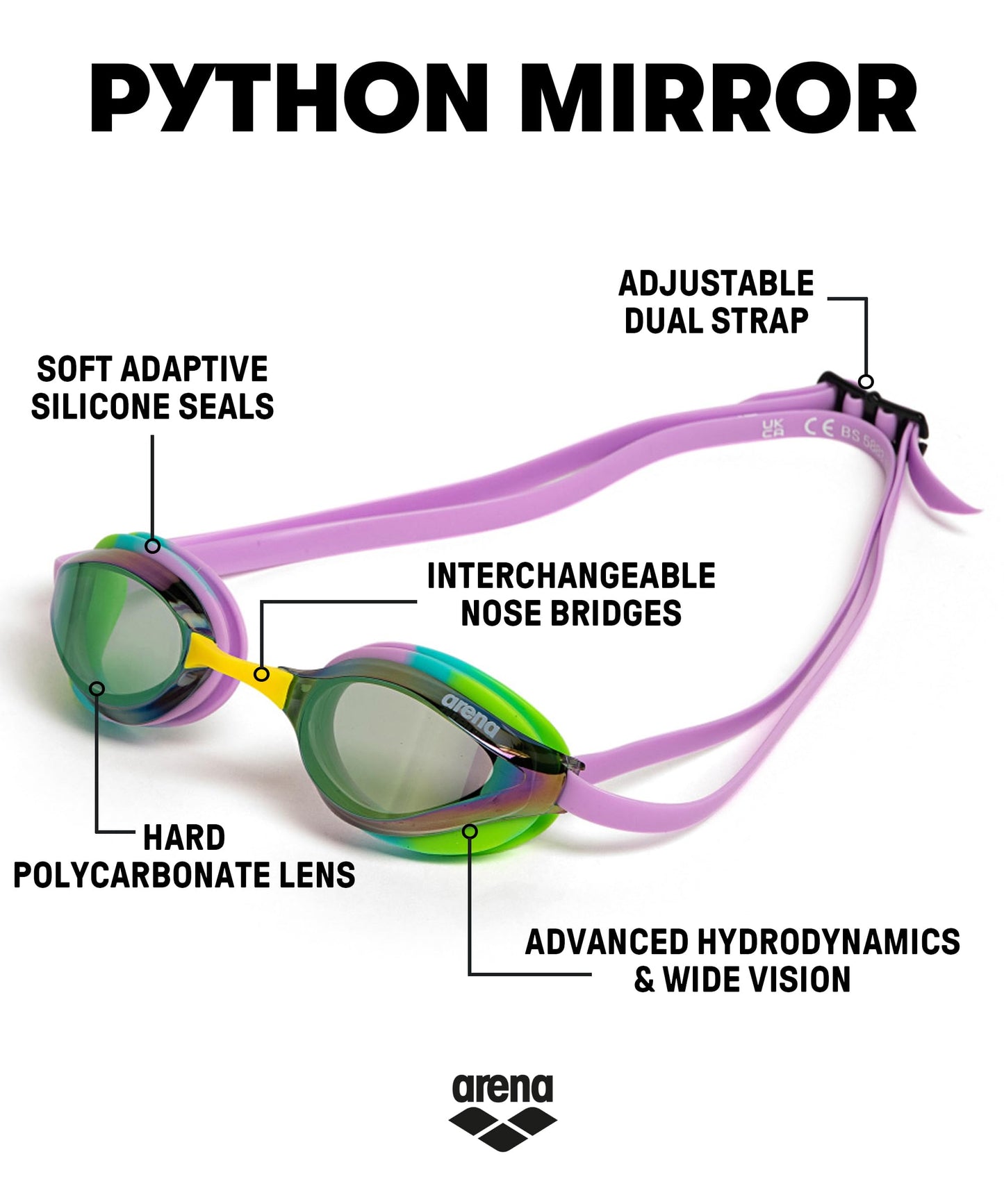 ARENA - anteojos de natación unisex para adultos, para hombres y mujeres, lentes de espejo antivaho, máxima comodidad, doble correa, verde/violeta/verde
