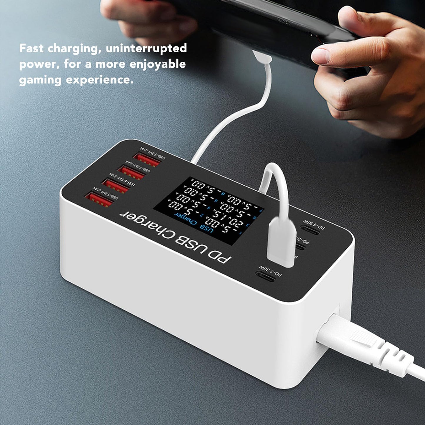 ciciglow Cargador USB, Estación de Carga USB de 8 Puertos de 65 W, Cargador de Concentrador USB Multipuerto, Pantalla LCD de Tamaño Compacto, Compatible con Auriculares Bluetooth para