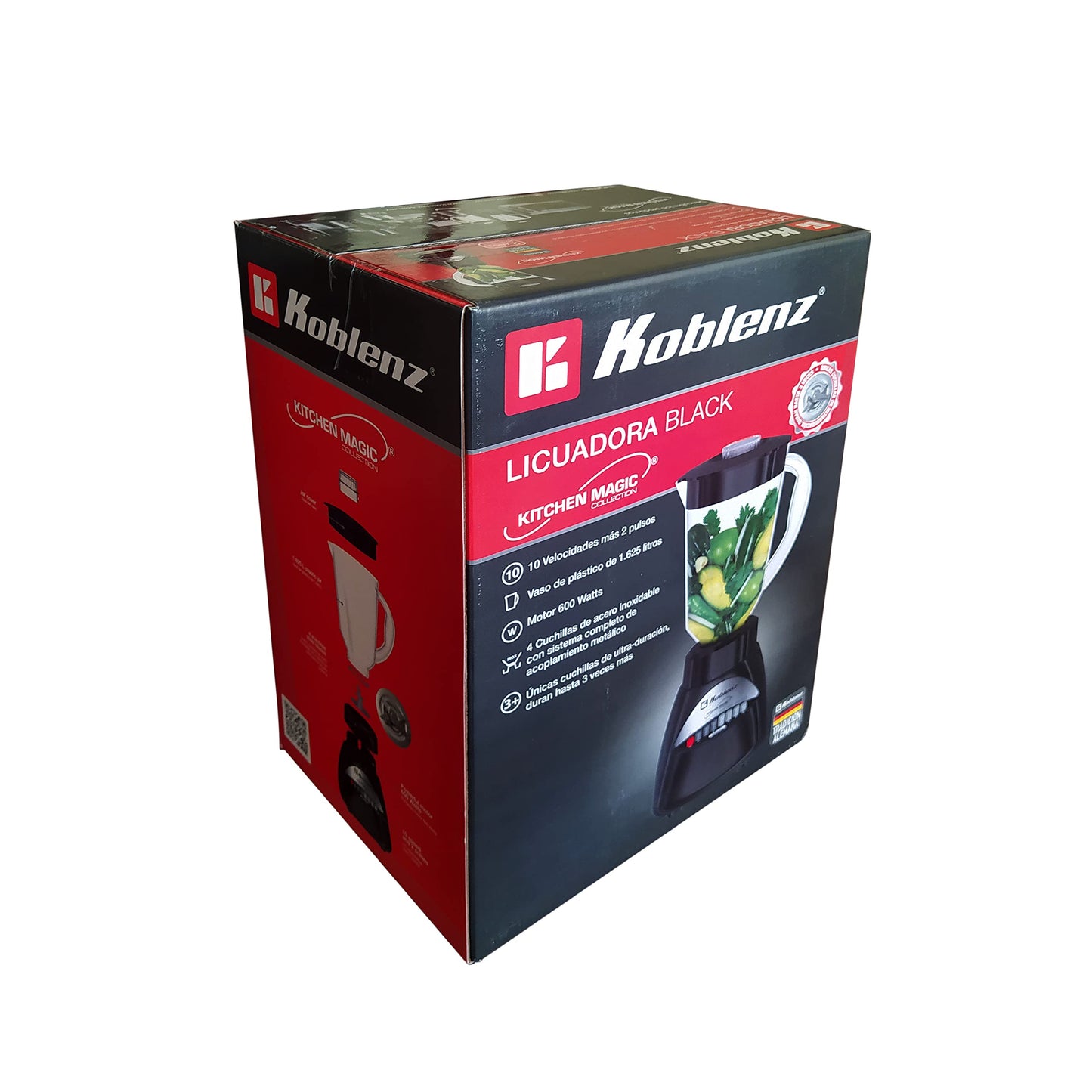 KOBLENZ Licuadora Black, Kitchen Magic Collection, Mod. LKM-3910 PN, 600 Watts, 10 velocidades más 2 pulsos y 4 cuchillas de acero inoxidable