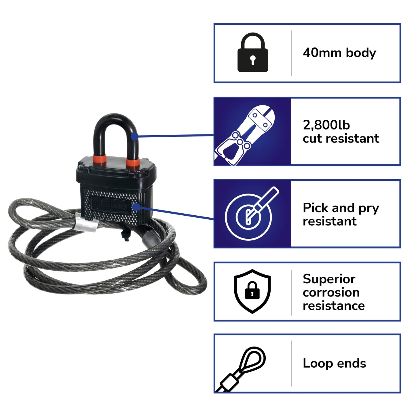 BRINKS 175-25481 - Candado de acero laminado de 40 mm resistente a la intemperie con cable de acero de 4 pies, envuelto en polímero de plástico y chapado en cromo con grillete de acero endurecido, 175