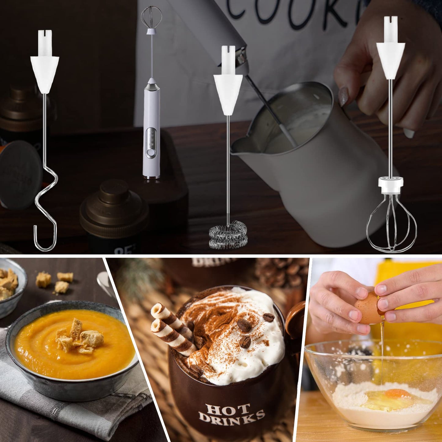 ANGECM8 Espumador de Leche eléctrico recargable por USB,3 velocidades con 3 batidor de acero inoxidable,Agitador electrico,Batidor electrico de mano para Café,Lattes,Capuccino,Chocolate Caliente