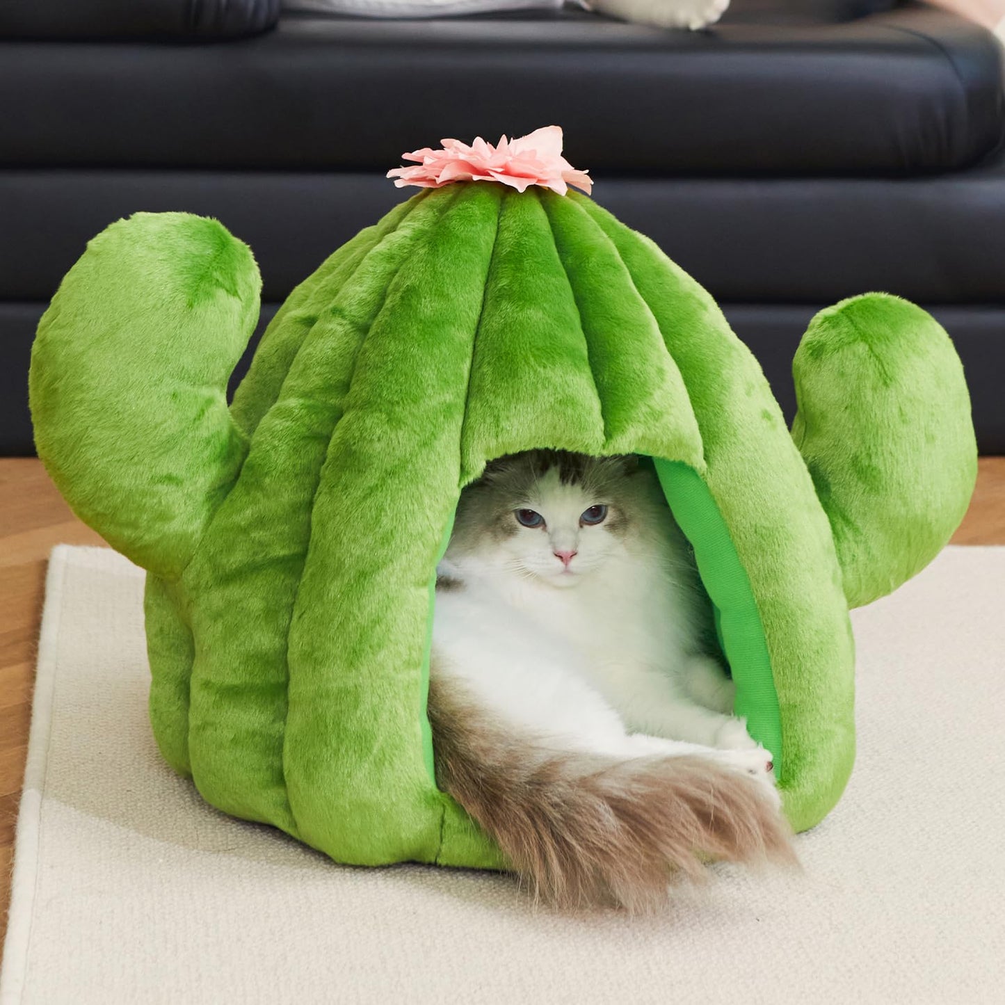 VETRESKA Bonita cama de cactus para gatos y perros, casa de cueva para gatos, cómoda cama para mascotas con cojín de rodar lavable a máquina para gatos, perros, cachorros, gatitos, conejos, cactus verde